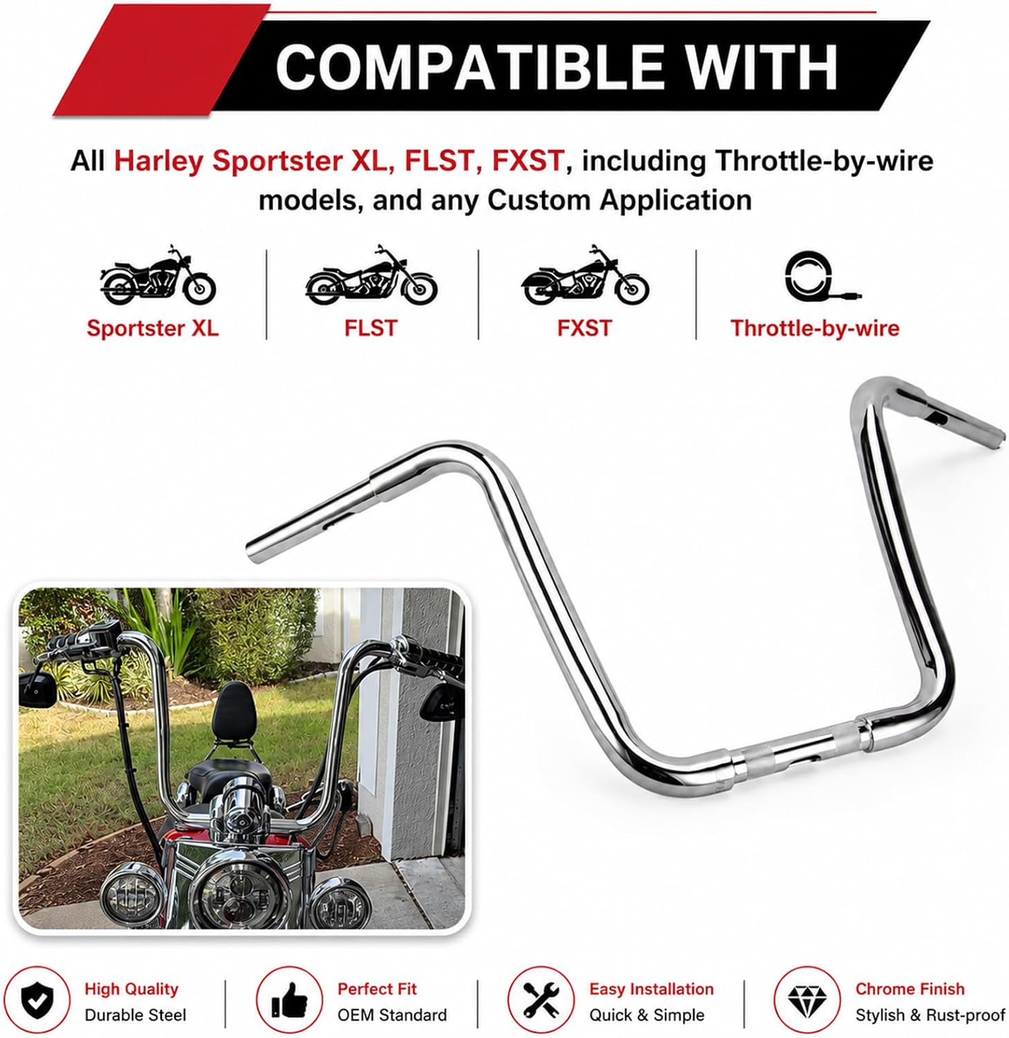 Ape Hanger Motorcycle Handlebars 1-1/4" Bar - Ohhmoto for FLST FXST XL 883 1200 Softail Slim Heritage Deluxe Deuce Dyna Super Glide Wide Glide Low Rider Fat Bob Rise 14" Chrome