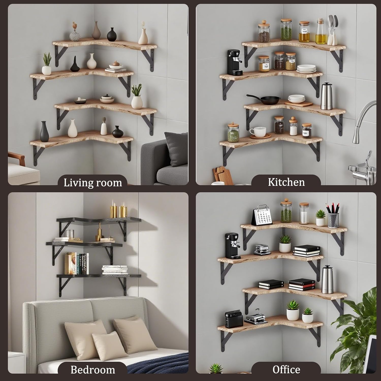 5 Pack Floating Shelves, Rustic Wood Wall Storage Corner Shelf, Wall Mounted Wood Shelves for Office, Home Decor, Bathroom, Kitchen(Light Brown)