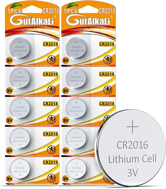 GutAlkaLi CR2016 3V Lithium Coin Cell Battery 10 Pack Mercury-free, Long Life Strong Power 3 Volt Lithium Flat Batteries for electronic devices; Watch, household ítems, car remote key
