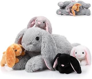 Sratte 5 Pcs Bunny Stuffed Animal Set with 4 Baby Plush, Gray, Lying | Large Mommy Bunny Plush, 4 Cute Stuffed Baby Rabbit in Her Belly, Soft Cuddly Rabbit Plush Gift, Birthday Baby Shower Favor