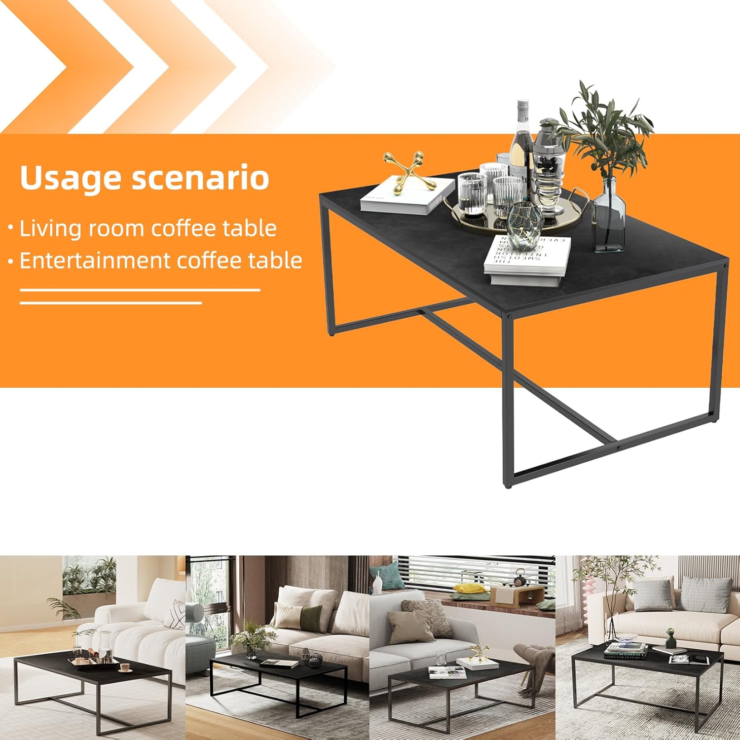 Wisfor Sintered Stone Coffee Table: Black Sofa Center Table with Black Metal Frame - Rectangular Furniture Decor Table for Living Room, 39.4x23.6x15.7 Inch