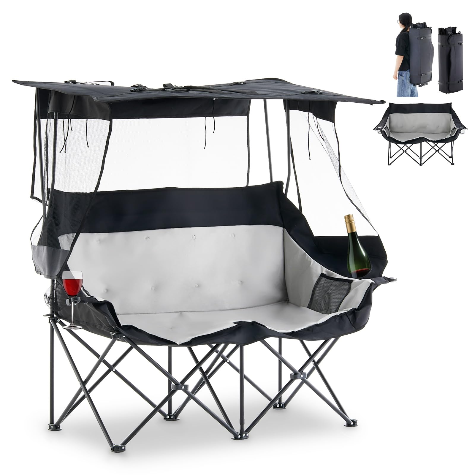 TUKAILAi Double Camping Chair with Canopy Shade, Oversized Folding 2 Person Loveseat with Cup Holders and Side Pockets, Portable Outdoor Couch for