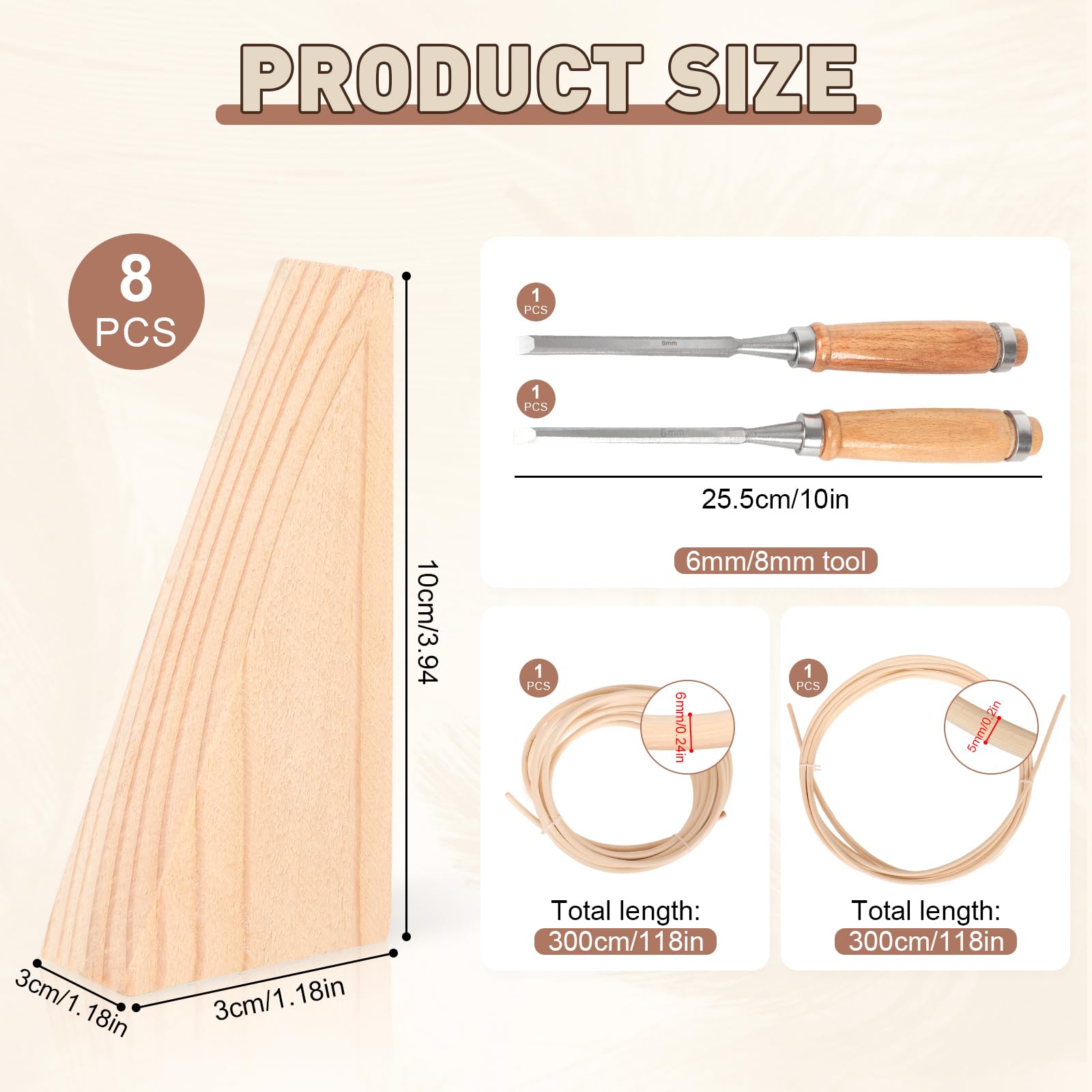 Wiener Geflecht Set, 100x40cm Rattan Geflecht mit 2 Rolle 3M Lang Peddigrohr, 8 Holzkeilen und 2 Holzflachmeißel für DIY Möbel Dekoration, Gurtband Handgemachtes, Stuhlflechtrohr Flechtrohrgewebe
