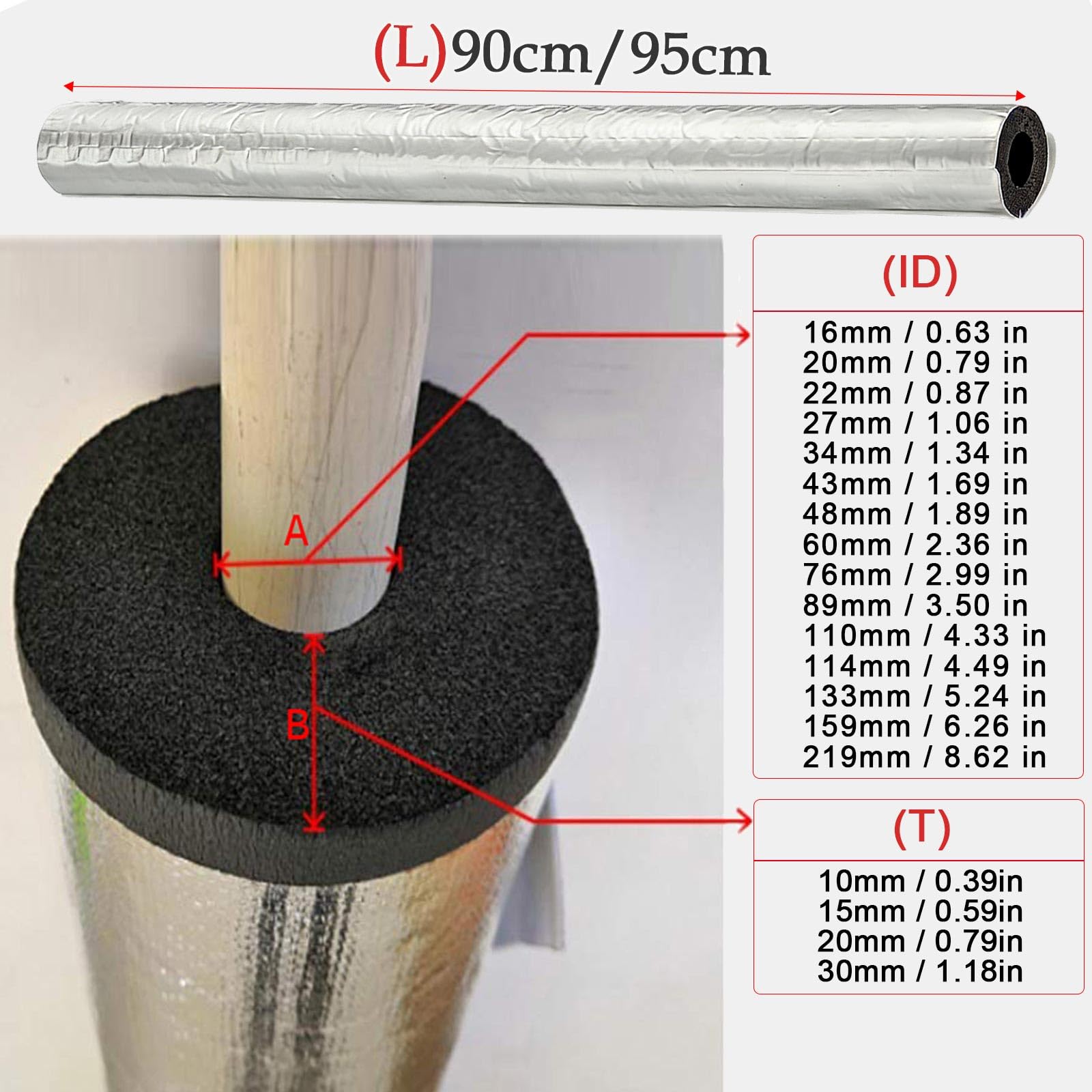 Tubo de Espuma Fundas de Aislamiento Térmico para Tuberías Exteriores Coquilla Aislante de Papel de Aluminio Autoadhesivo Tubo Aislante de Espuma Aire Acondicionado (ID)219mm x (T)30mm x (L)0.9m