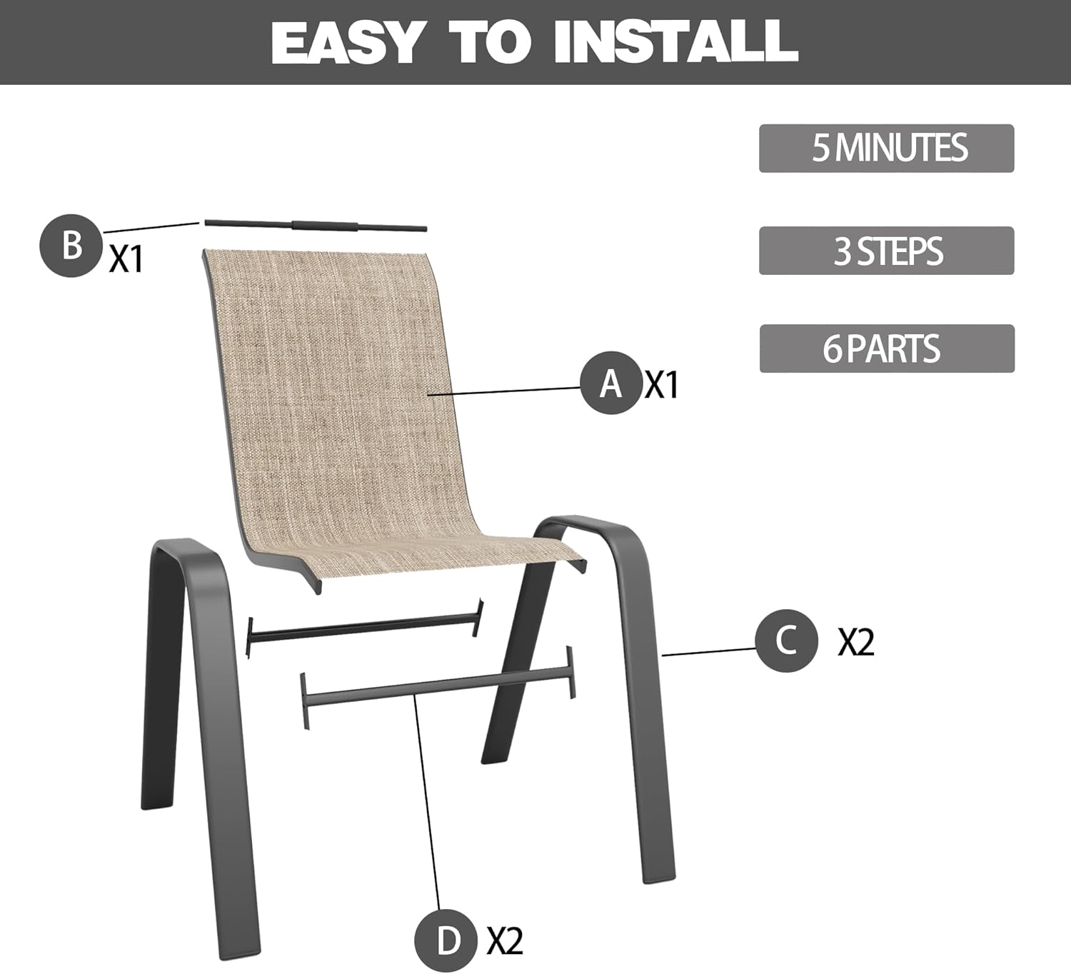 Patio Chairs Set of 6, Stackable Outdoor Dining Chairs for All Weather Textilene Fabric & Metal Frame, Outdoor Chairs Set for Backyard Deck Garden