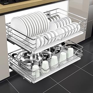 Kitchen Organizer 2 Tier Individual Pull Out Cabinet Organizer 304 Stainless Steel Wire Basket Pull Out Storage Organizer With Drain Pan And Damping Guide For Kitchen Cup,Silver,74(W)*41(D)*14(H)cm