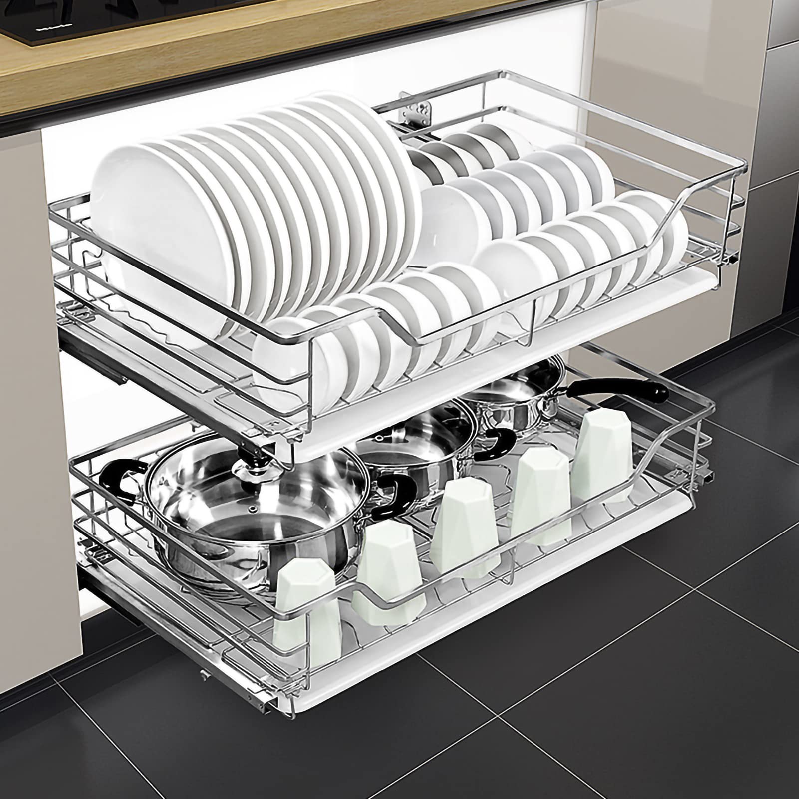 Organizzatore da cucina Organizzatore da Cucina Organizzatore Estraibile Individuale a 2 Livelli per Armadietto in Filo di Acciaio Inossidabile 304 Organizzatore di Stoccaggio Estraibile con Vaschetta