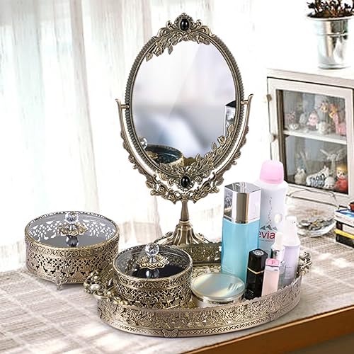 Miniatura 7 de Hsiwto Espejo de maquillaje vintage de doble cara, espejo de escritorio de maquillaje de mesa de metal de aleación con rotación de 360 grados,