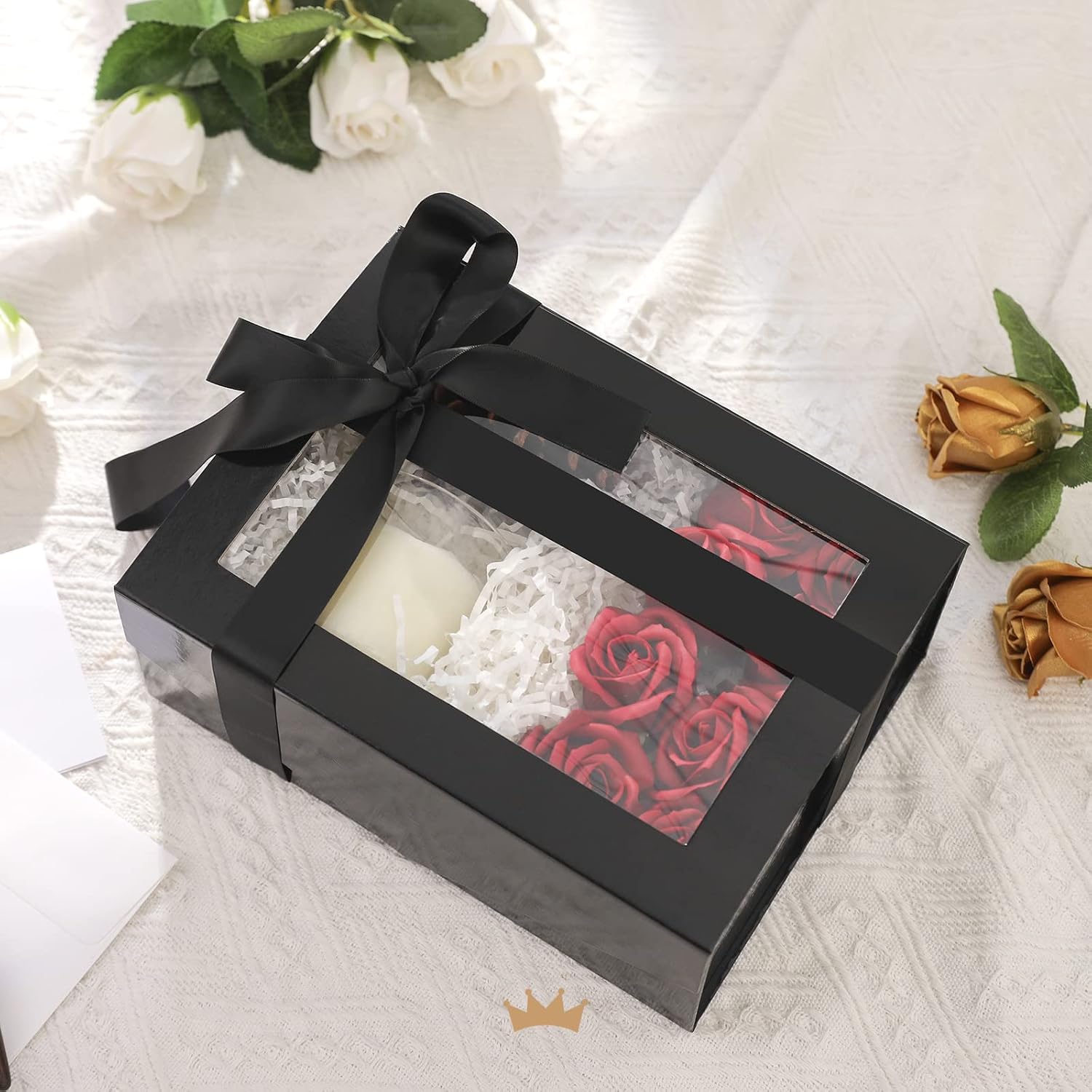 PACKQUEEN 5 Black Gift Boxes with Windows, 9x6.5x3.8 Inches, Clear Gift Boxes for Presents Contain Ribbons, Cards, Groomsmen Proposal Boxes, Boxes with Magnetic Lids (Glossy Black)
