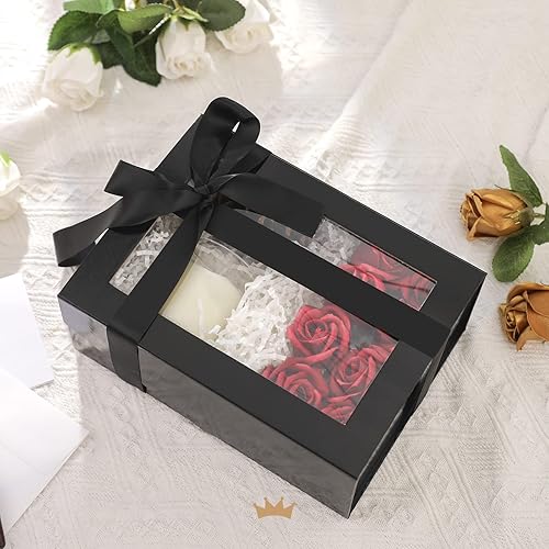 Miniatura 4 de Packqueen Caja de regalo negra con tapa y ventana, 9x6.5x3.8 pulgadas, Caja de regalo transparente para regalo contiene cinta, tarjeta, caja de