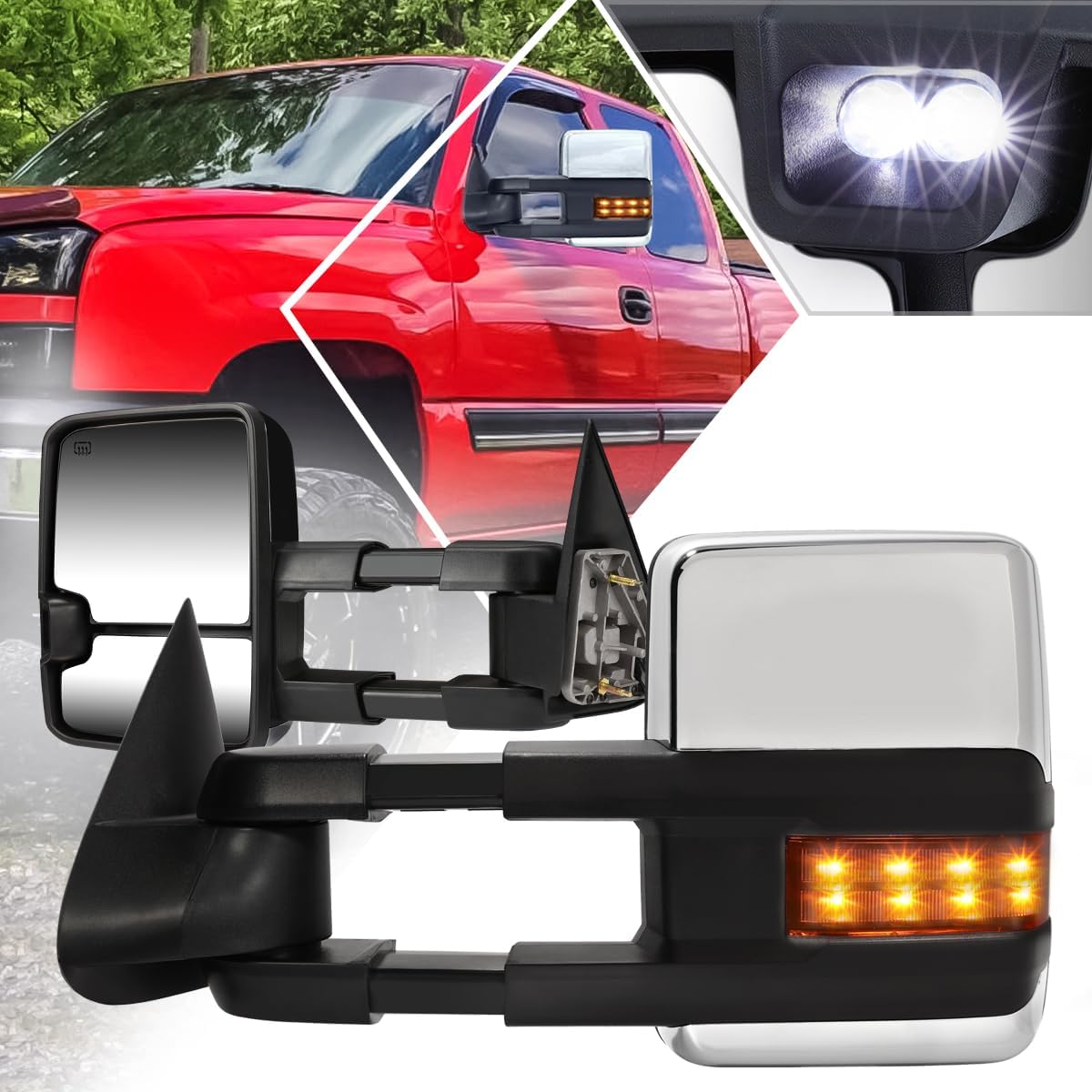 [Pair] Power Heated Tow Towing Mirror w/Amber LED Signal Compatible with Silverado Sierra 03-07,Chrome