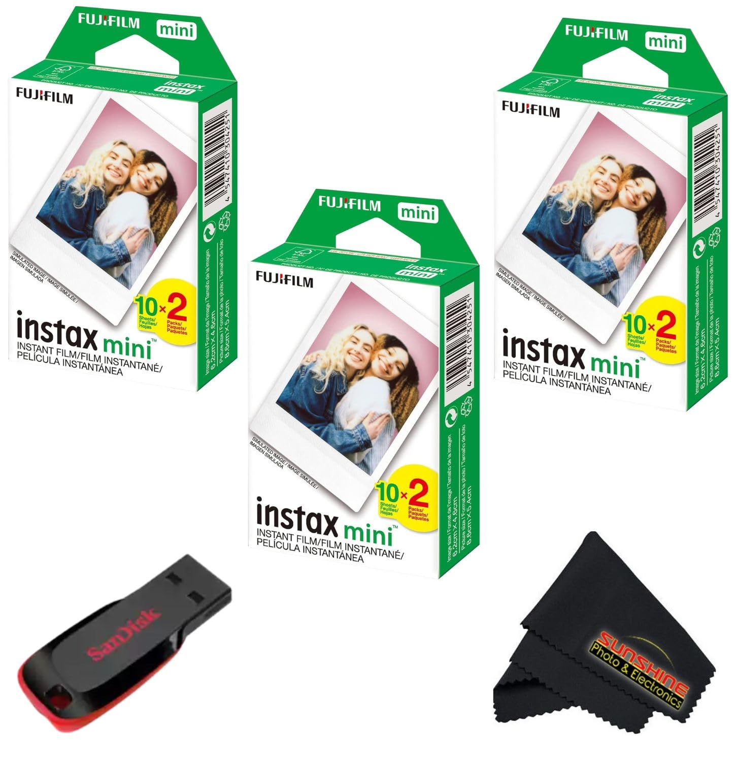 Fujifilm Instax mini Instant Daylight Film (Twin Packs + 32 GB USB Flash Drive) with Sunshine Photo Microfiber Cleaning Cloth... (3 Twin Packs + 32 GB USB Drive)