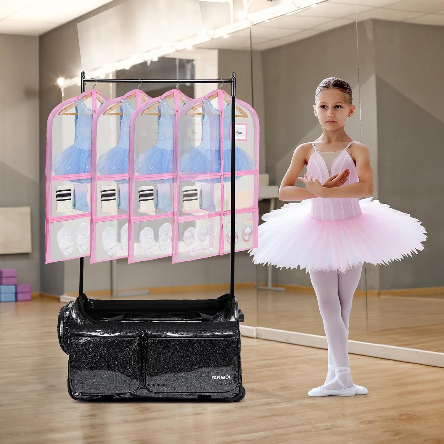 Fanwoli Dance Costume Bags (4 Pack Clear PVC), 40 Inch Garment Bag for Dance Competitions, Cheerleader Uniform Bag, with 4 Zipper Pockets