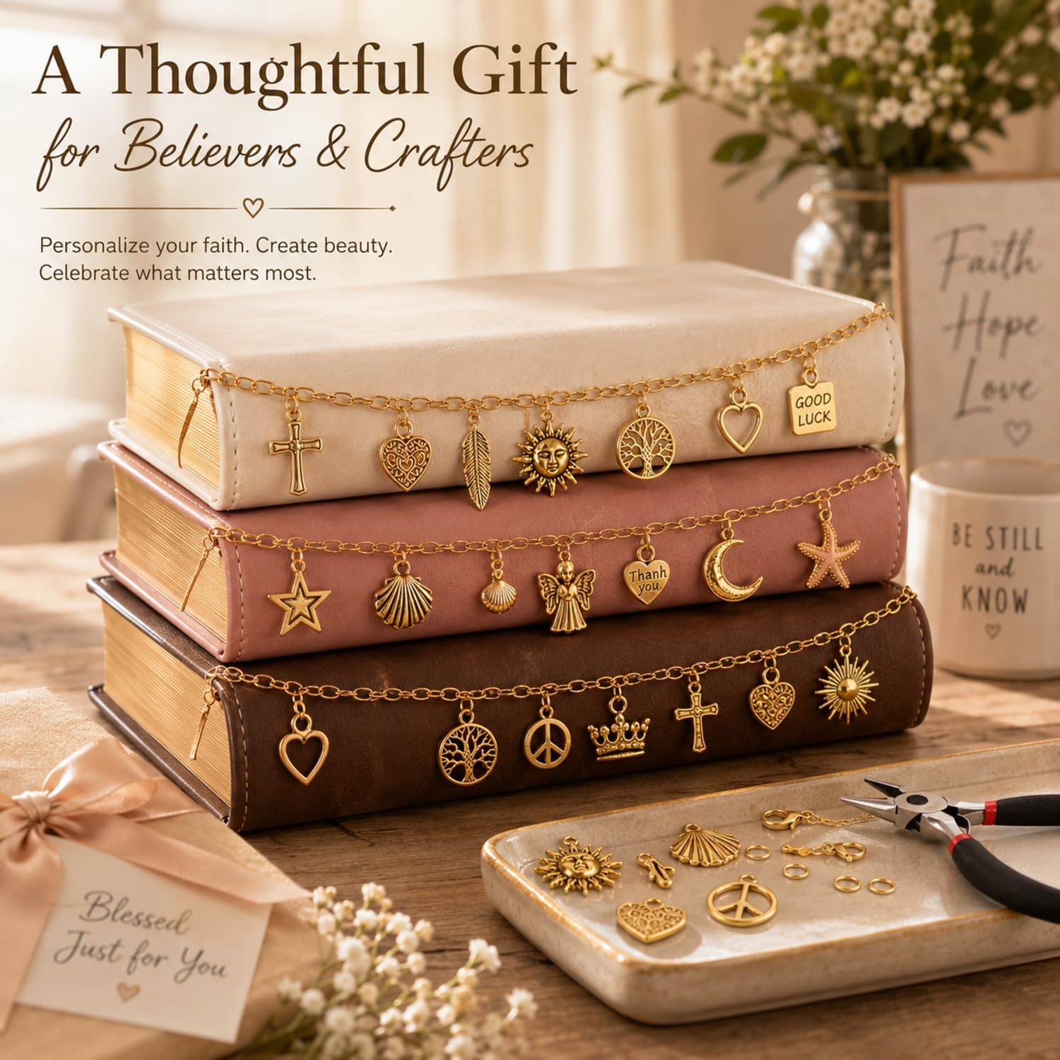 Sureio Gold Bible Chain Jewelry Making Kit 16.4ft 5 Rolls DIY Plated Chain Crafts with 90 Pcs Charms for DIY Necklace Bracelet Jewelry Accessory Christian Bible Spine Edge Decor (Retro) image 5