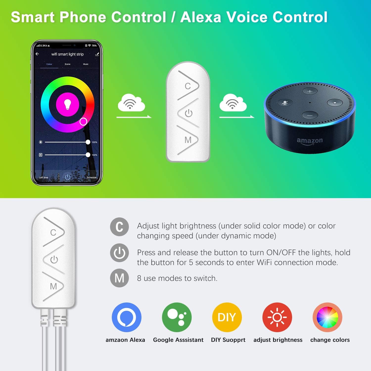 WiFi Wireless Alexa-Enabled Smart LED Strip Lights with Remote, LED Lights for Bedroom Smart Phone Controlled Color Changing 5050 RGB LED Strip Tape Lights(32.8Ft WiFi+Remote Control)