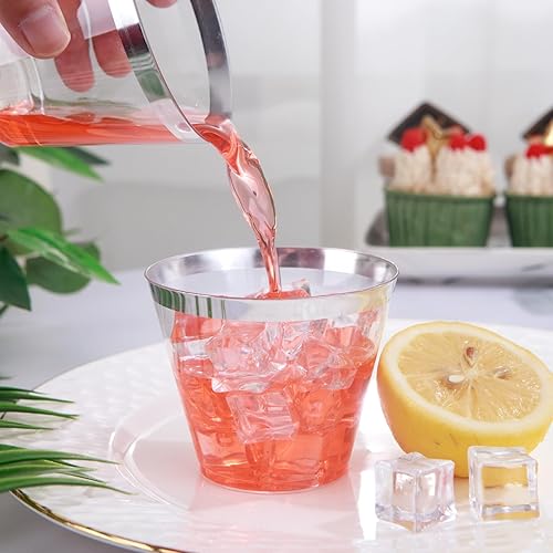 Vista 38 de I00000 200 vasos de plástico desechables plateados de 10 onzas, vasos de plástico transparente a la antigua, vasos de borde plateado, desechables