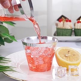 I00000 100PCS Silver Plastic Cups,9 oz Clear Plastic Cups with Silver Trim, Heavy-Duty Disposable Hard Cup For Party, Premium Cup Perfect for Wedding & Party