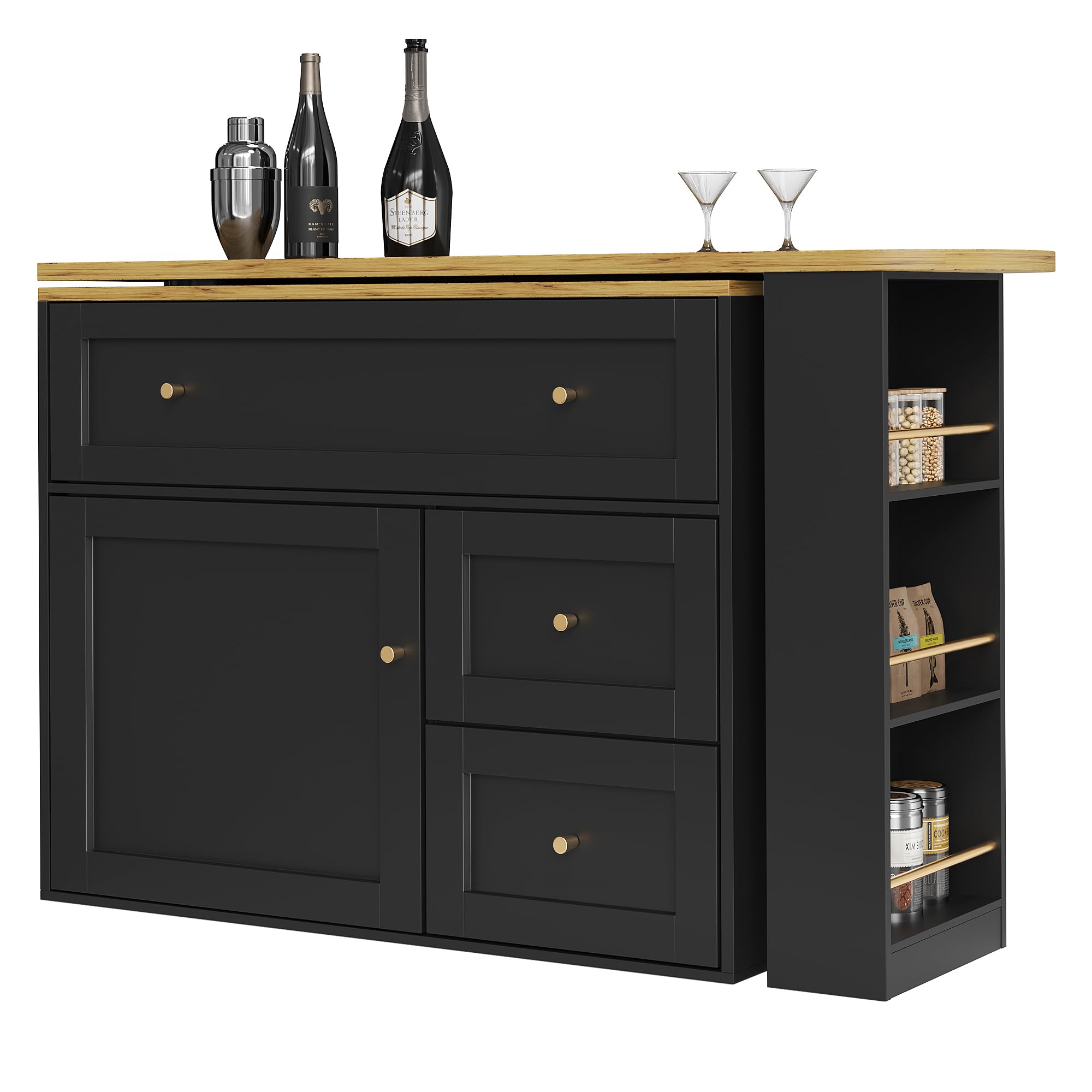 Idemon Mesa de bar extensible con espacio de almacenamiento (138 – 204 × 39 × 105 cm), armario de cocina, aparador con estante para aperitivos, mesa de bar telescópica, mesa alta de bistró, mesa alta