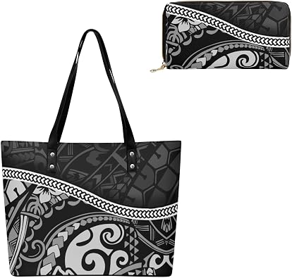 WomenS Leather Handbag Purse Combination Casual Large Capacity Shoulder Bag Polynesian Tribal Design Pattern