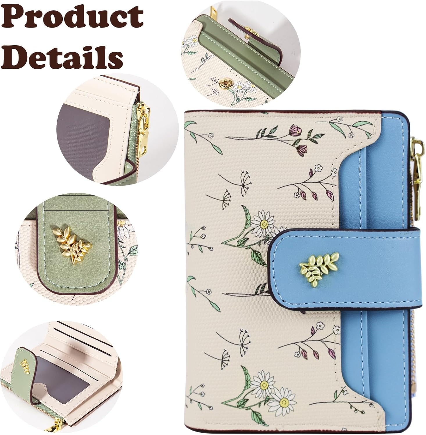 Cute Blue Flower Wallet for Women and Girls Small Kawaii Coin Purse with ID Window, Compact Cash Wallet for Ladies, Girls, and Teens, Lightweight and Stylish Design - Image 3