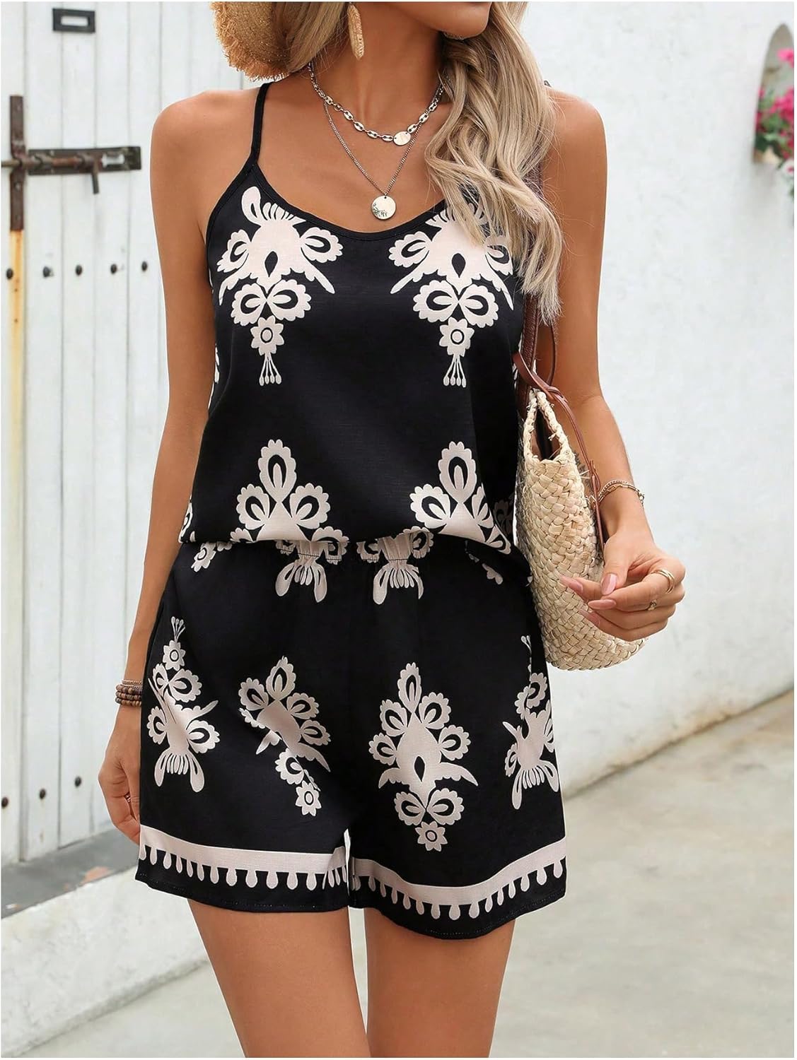 GORGLITTER Women's Two Piece Summer Vacation Outfits Boho Graphic Cami Top Wide Leg Shorts Sets - Image 3