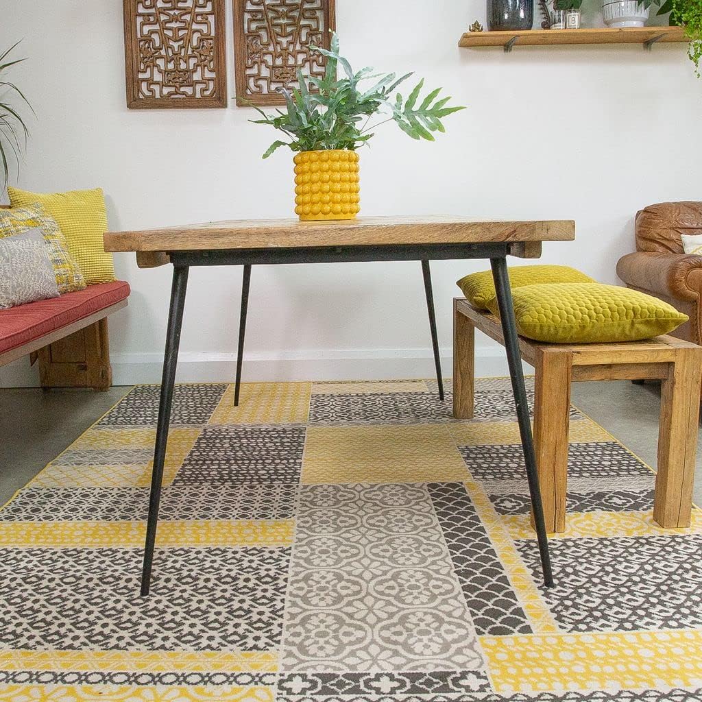 Milan Ochre Mustard Yellow Grey Patchwork Squares Traditional Lounge ...