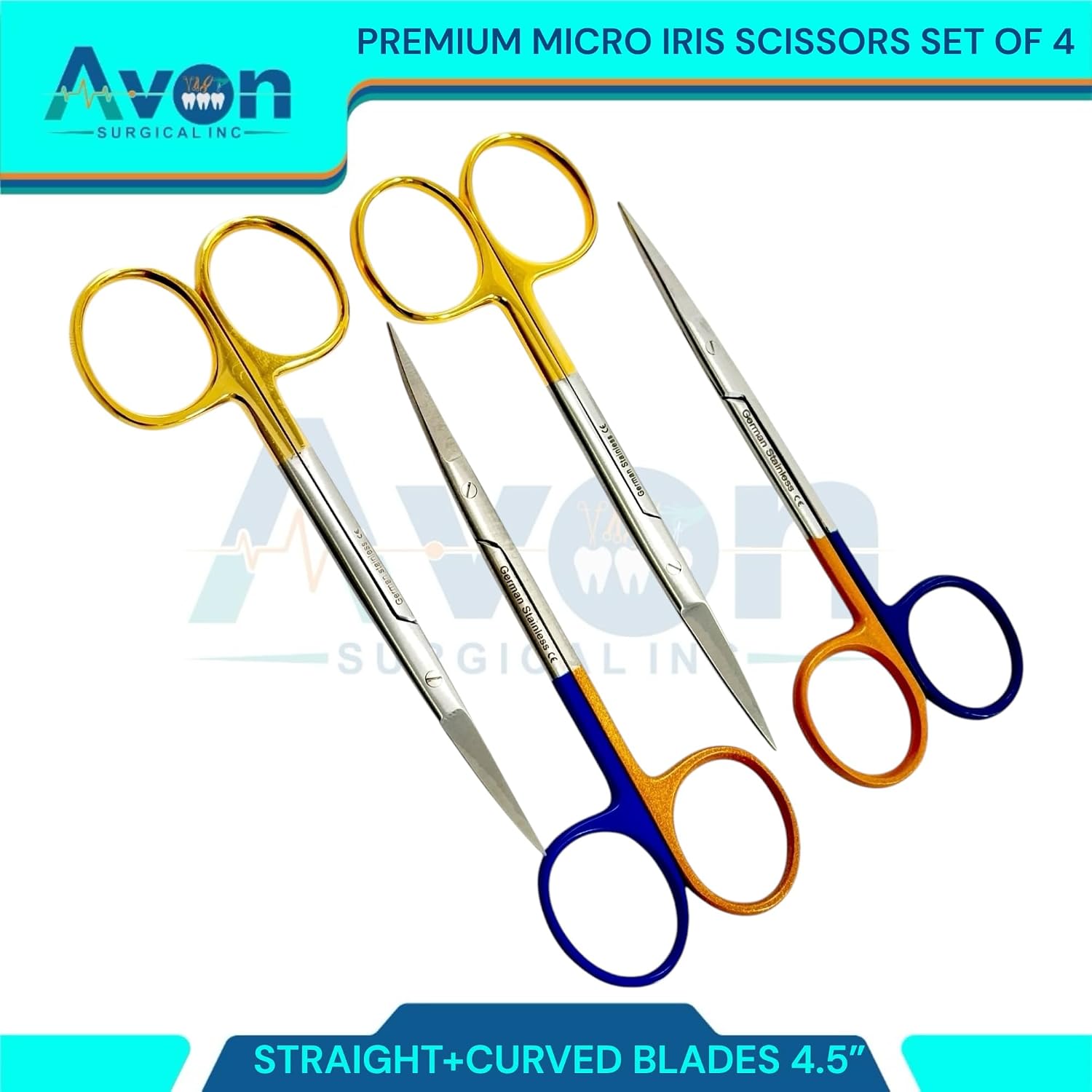 Premium Iris Dissecting Scissors 4.5in with Sharp Tips Curved + Straght | Gold Handle & Blue-Gold Color-Coded | Veterinary, Lab, Crafts, Dental (4pcs)