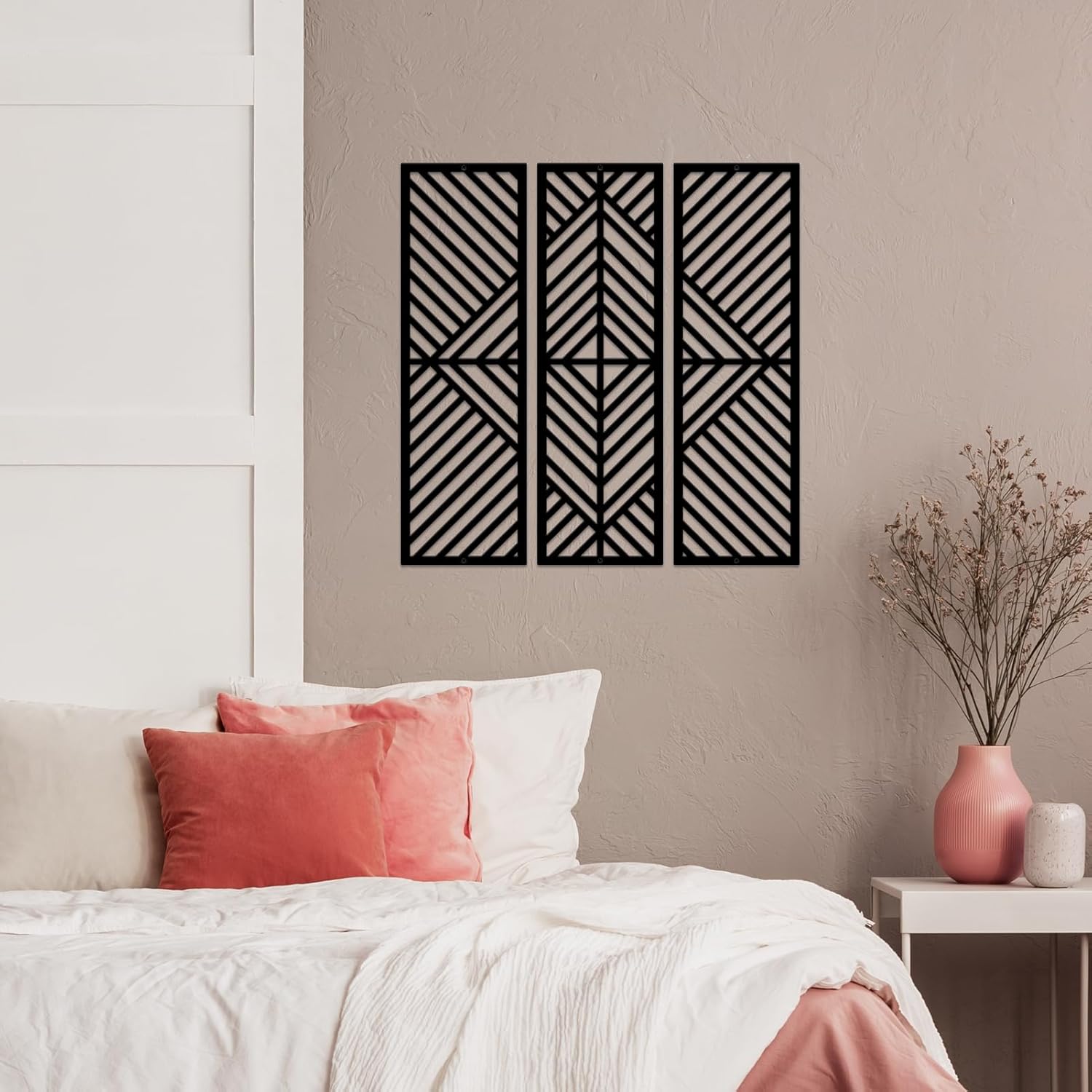 ESTART 3 Pcs Geometric Home Metal Wall Decor Vertical Abstract Minimalist Modern Black Wall Art Slatted Design Wall Hanging Sculpture for Living Room Bedroom Bathroom Office, 22 x 22 Inch