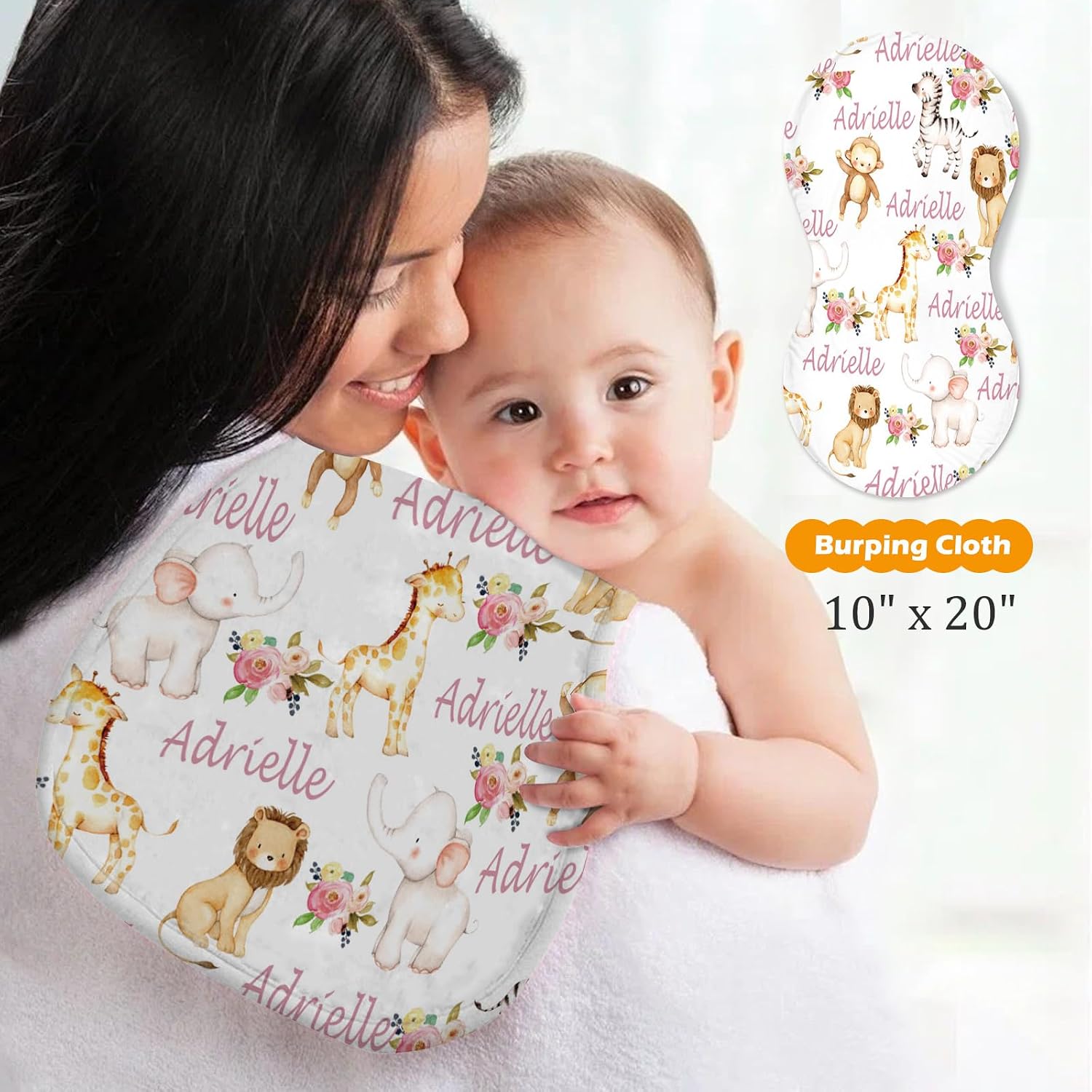Custom Baby Nursing Swaddling Set: Personalized Custom Name Swaddle Blanket Car Seat Cover Bow Headband Hat Nursing Pillow for Infant Boy Girl Watercolor Animals Pattern Lion Monkey Elephant