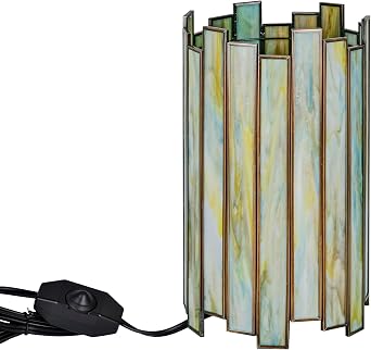 Stained Glass Table Lamp Portable Tiffany Style Small Cylindrical Desk Night Light with Dimmer Switch Antique Brass Finished 6" D x 10" H Decor Living Room Bedroom Green