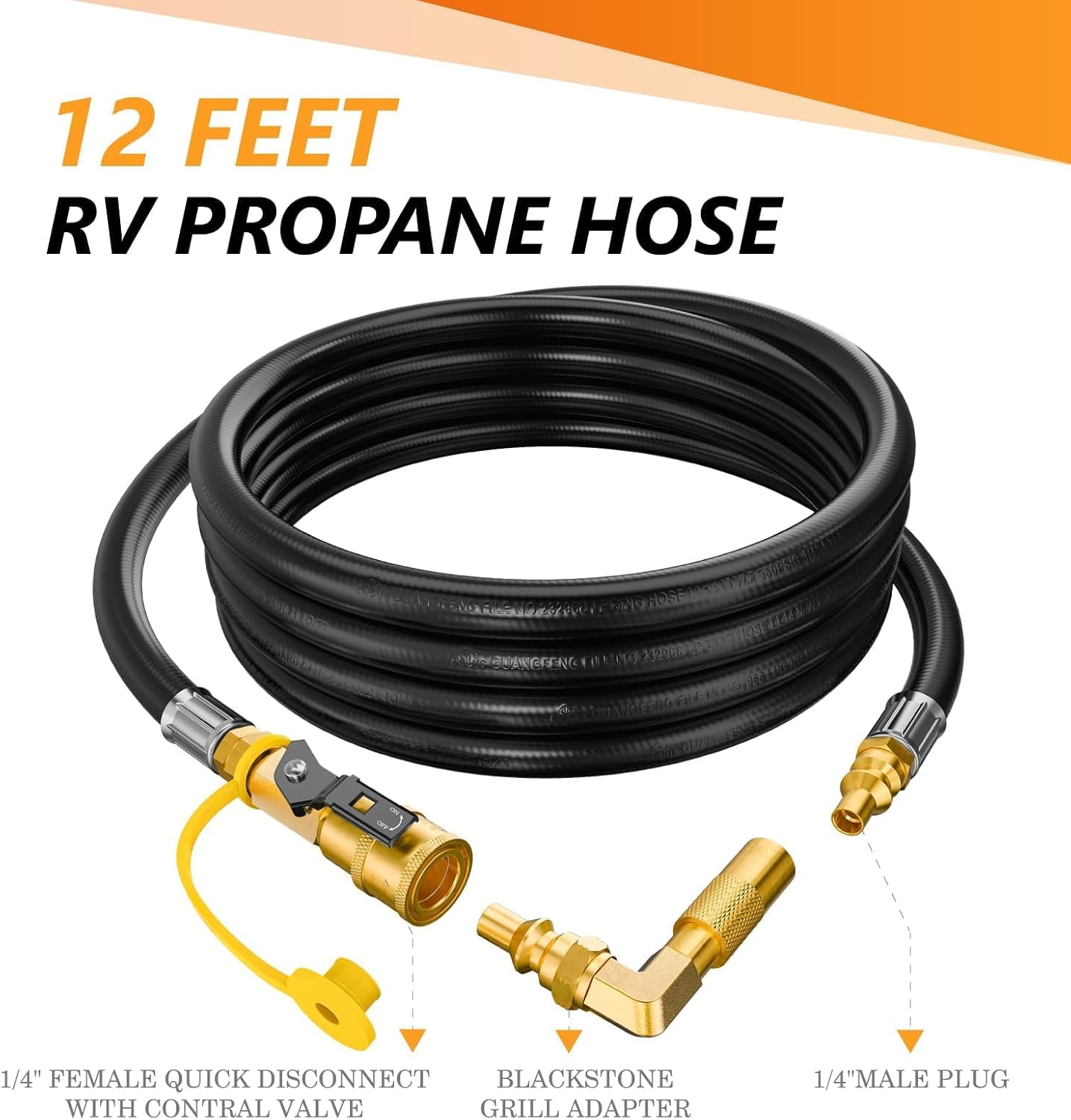 NUPICK 12FT Propane Quick Connect Hose for RV to Grill, Quick Connect Propane Hose with Shutoff Valve, RV Propane Hose Attach Elbow Adapter for Blackstone 17" and 22" Griddles