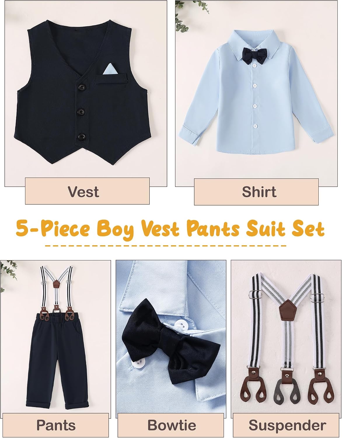 Jecson Toddler Suit for Boys Suspender Pants Outfits 5‑Pcs Set 18M‑5Y