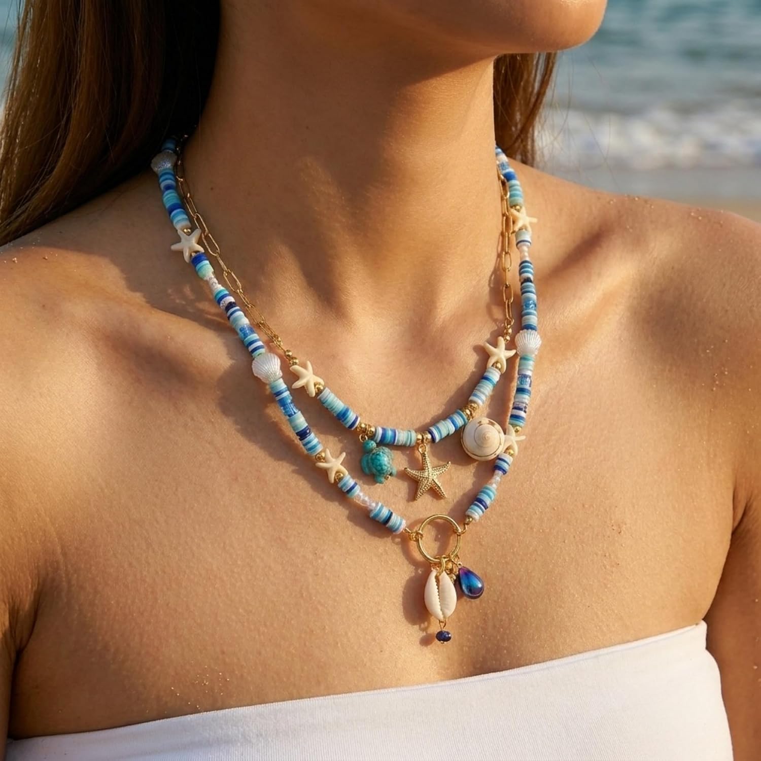 Colorful Beaded Necklack Shell Starfish Layered Necklace for Women Boho Womens Summer Outfits Accessory, Summer Beach Vacation Birthday Gifts for Women Girlfriend Wife Mom image 3