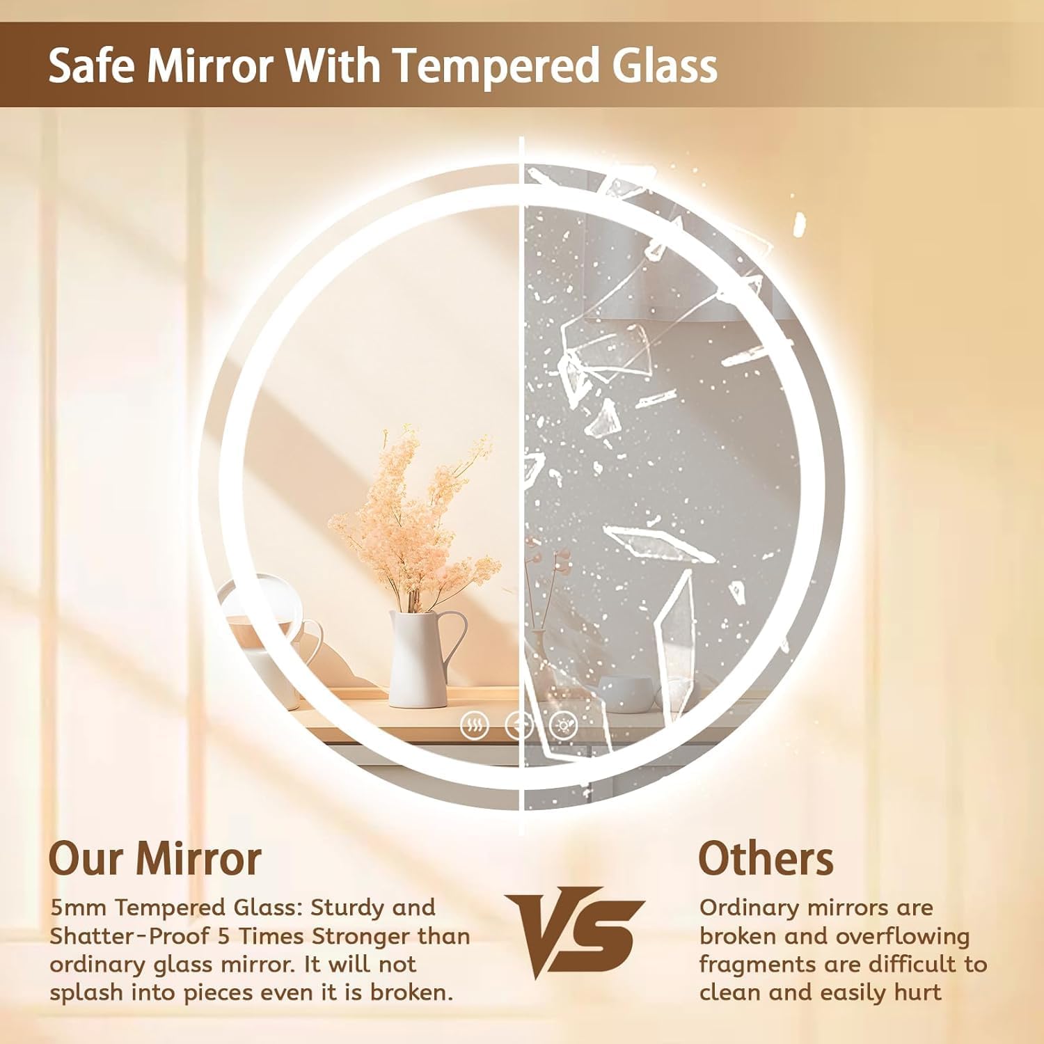 Led Bathroom Mirror with Lights, Anti-Fog & Tri-Color Lighting - Wall Mounted Shaving Mirror with Touch Sensor, Waterproof Smart LED Vanity Mirror Tempered Glass Dimmable (24" L x 24" W)