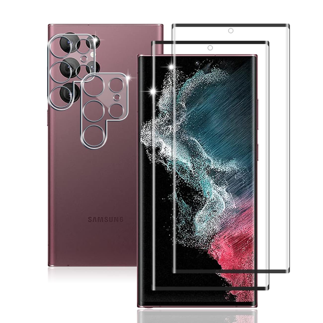 【2+2枚セット 指紋認証対応】 用 Galaxy S22 Ultra ガラスフィルム 2枚 Galaxy S22 Ultra 5G SCG14 SC-52C フィルム + 2枚 カメラ保護フィルムセッ 【 日本旭硝子製 9H強度 】 対応 ギャラクシーS22ウルトラ 強化ガラス 全面 保護フィルム ケース 高透過率 3D Touch対応 厚さ0.26超薄型 飛散防止 高感度 耐衝撃 指紋・汚れ防止 ゼロ気泡 ラウンドエッジ加工 簡単貼り付け