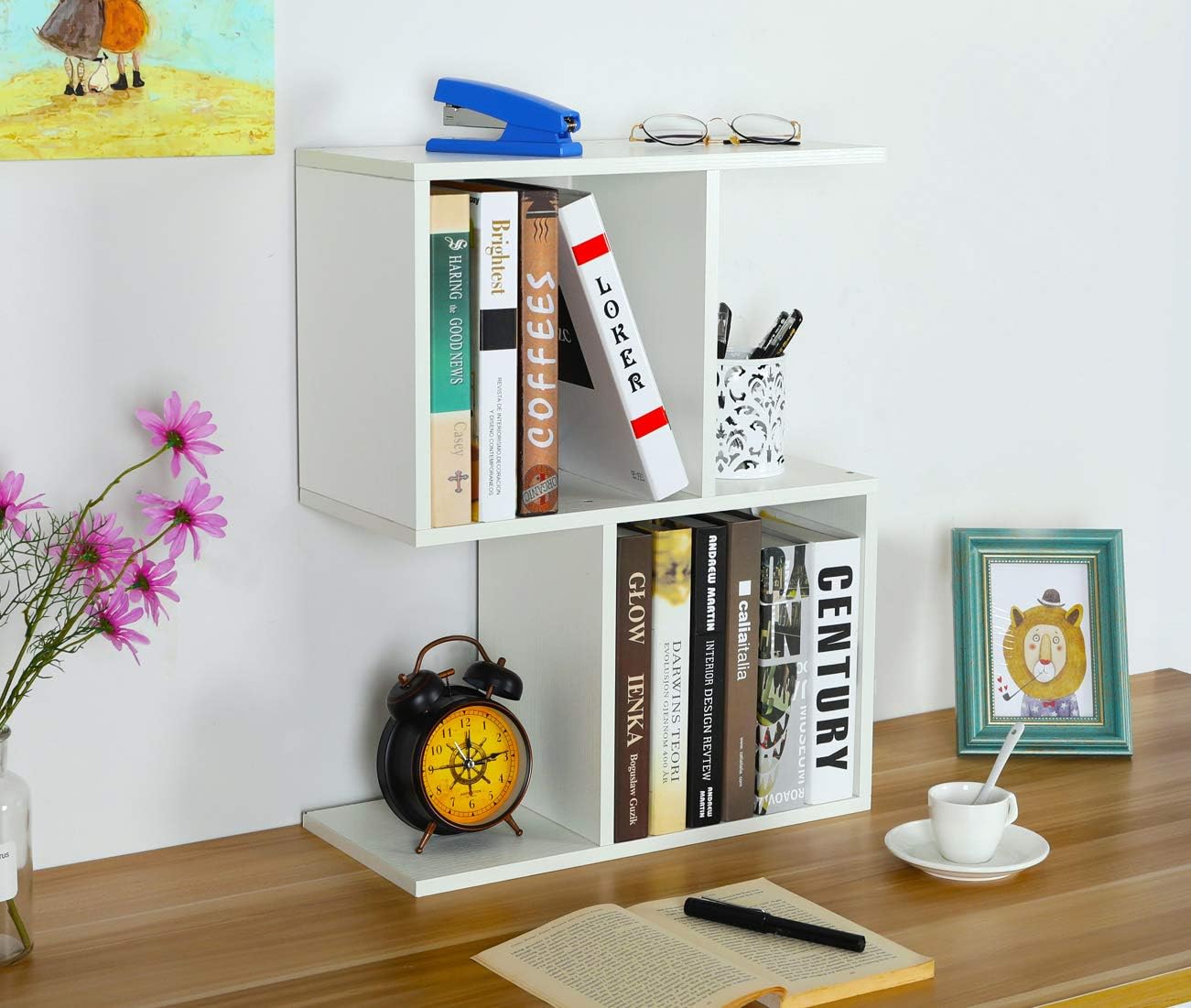 PAG Desktop Shelf Freestanding Wooden Small Bookshelf Desk Supplies Organizers and Accessories Storage Display Rack Office Dorm Decor for Women, White