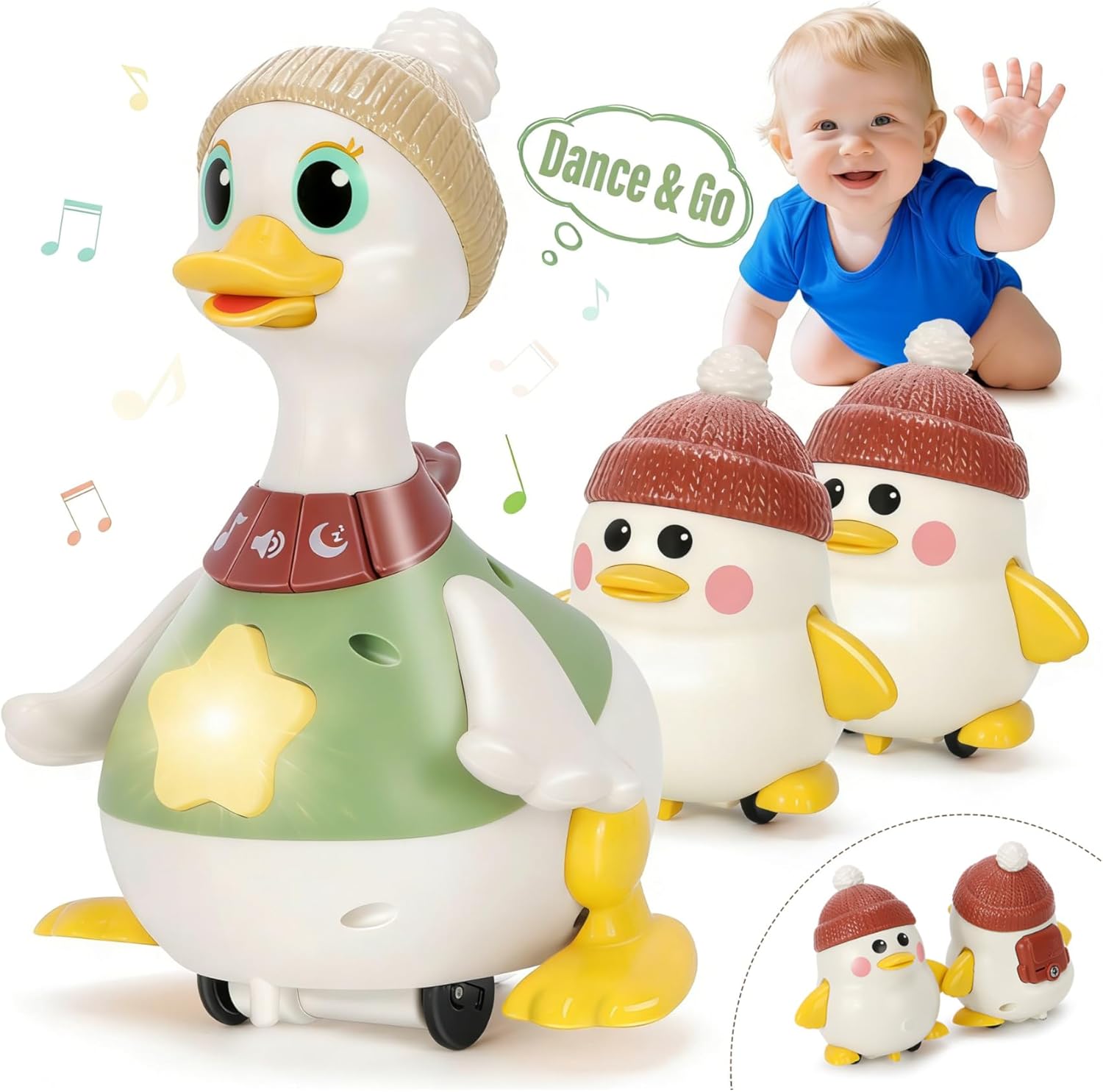 Hestiasko Tummy Time Duck Toy, Upgraded Musical Dancing Duck Set for Babies