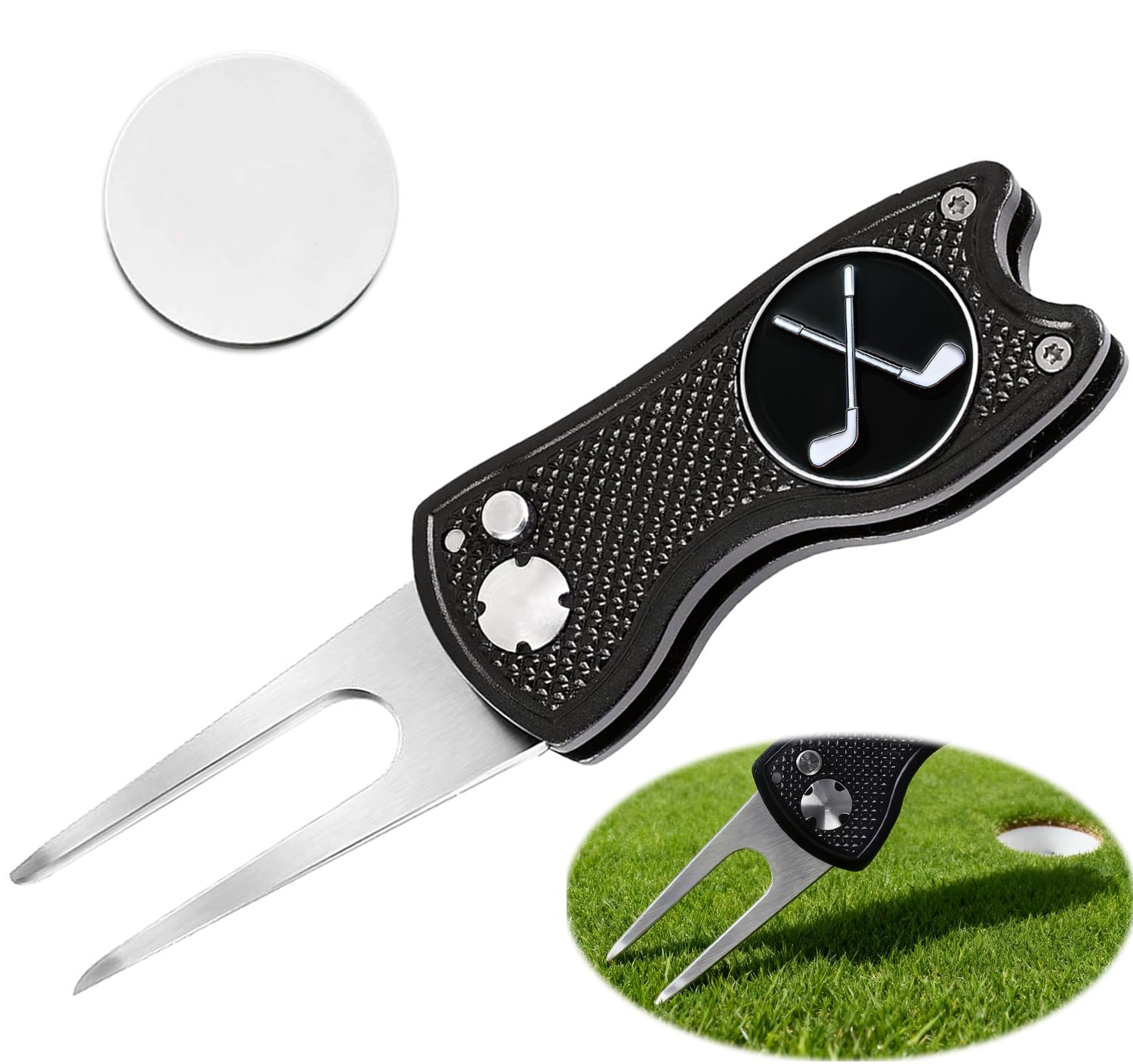 Adhere Golf Divot Tool & Golf Ball Markers Set with A strong Magnetic Hat Clips, Premium Golf Gift Pack (All metal Black Pitchfork+black golf club ball marker)