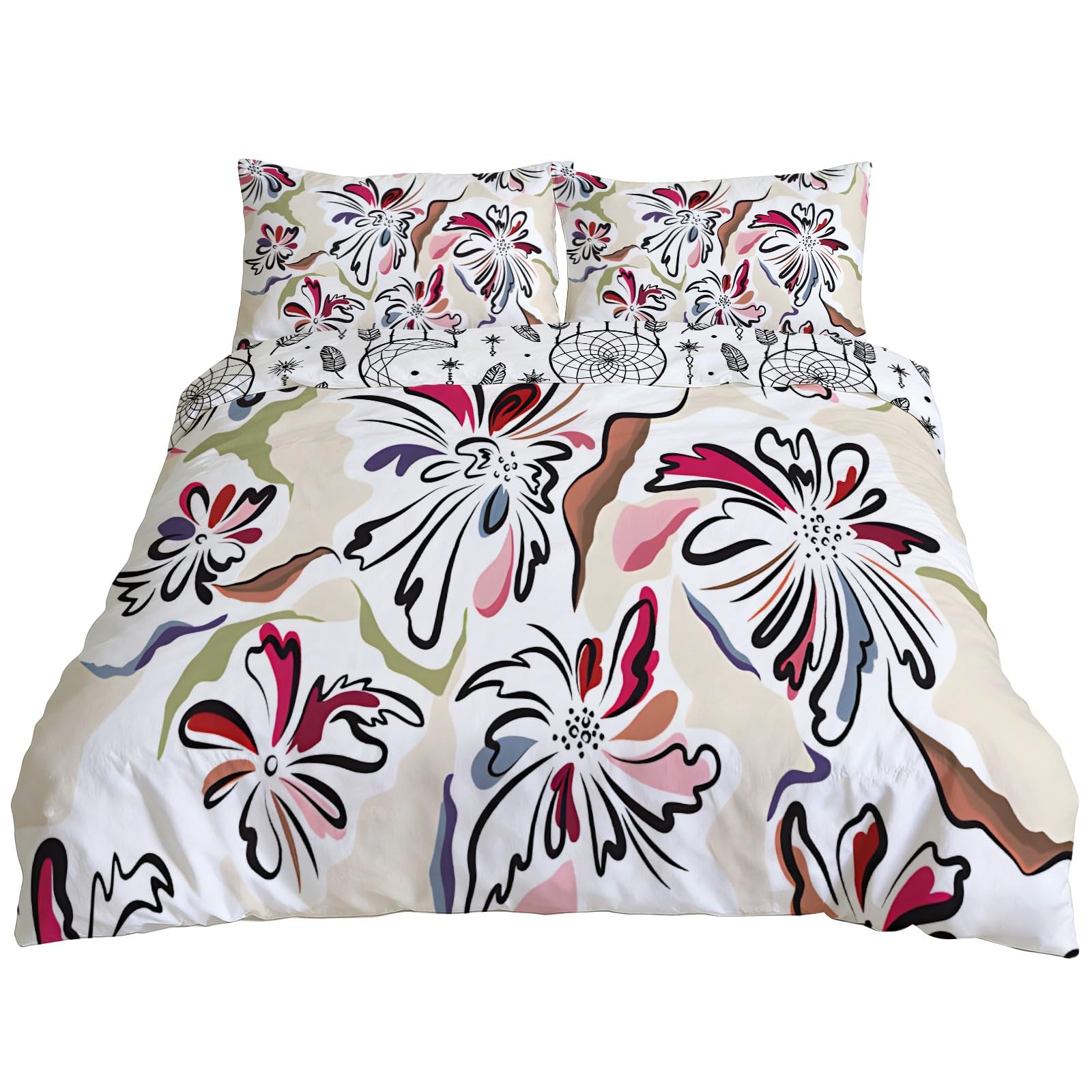 Housse de couette 240x220 réversible en microfibre douce style rétro et attrape-rêves