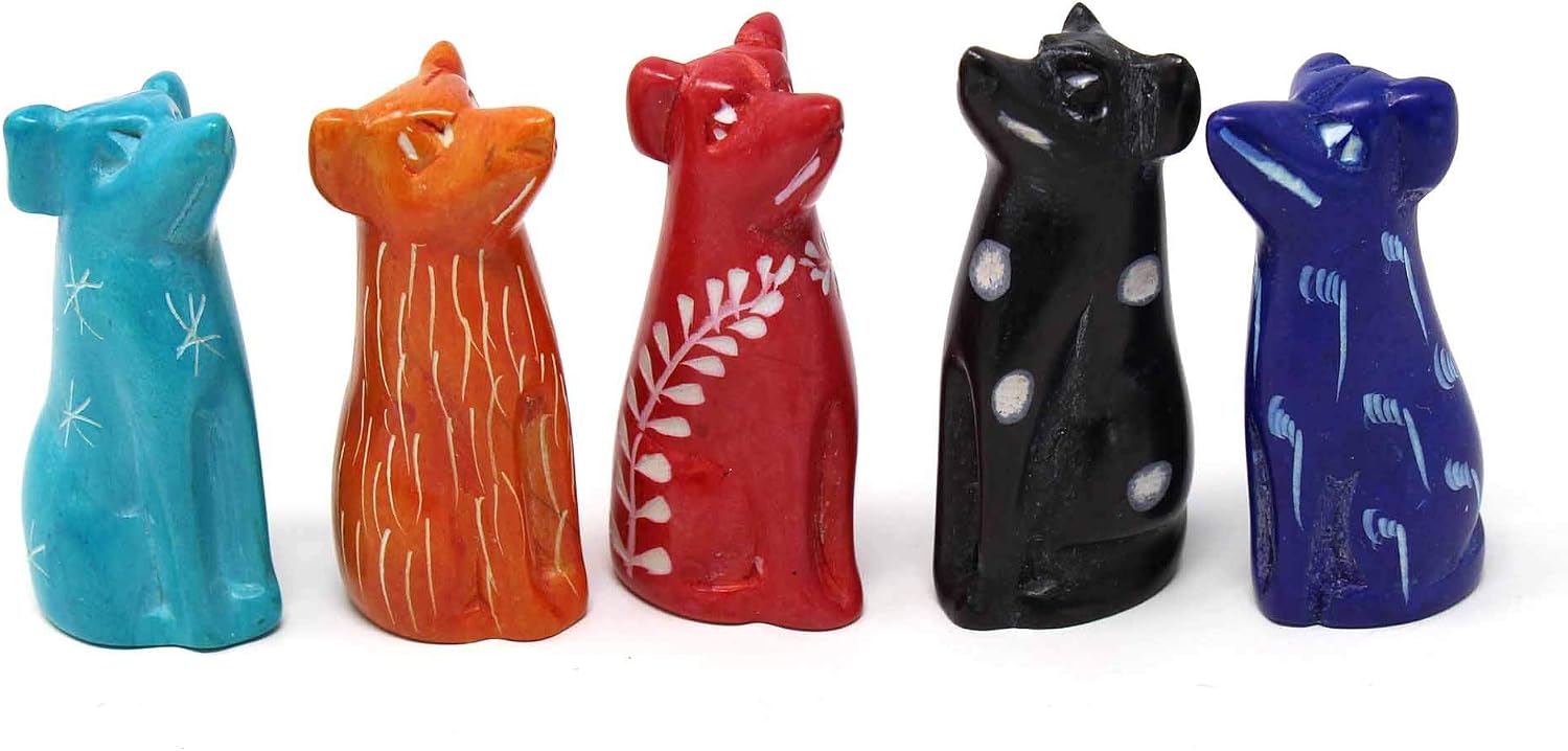 Global Crafts - Soapstone Tiny Dog Figurines Pack of 5 - Handmade Miniature Dog Figurines Kenya