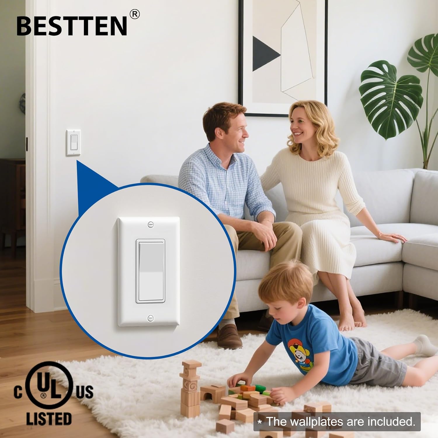 BESTTEN 3-Way Decorator Wall Light Switch installed in a living room, highlighting its modern design and UL listing.