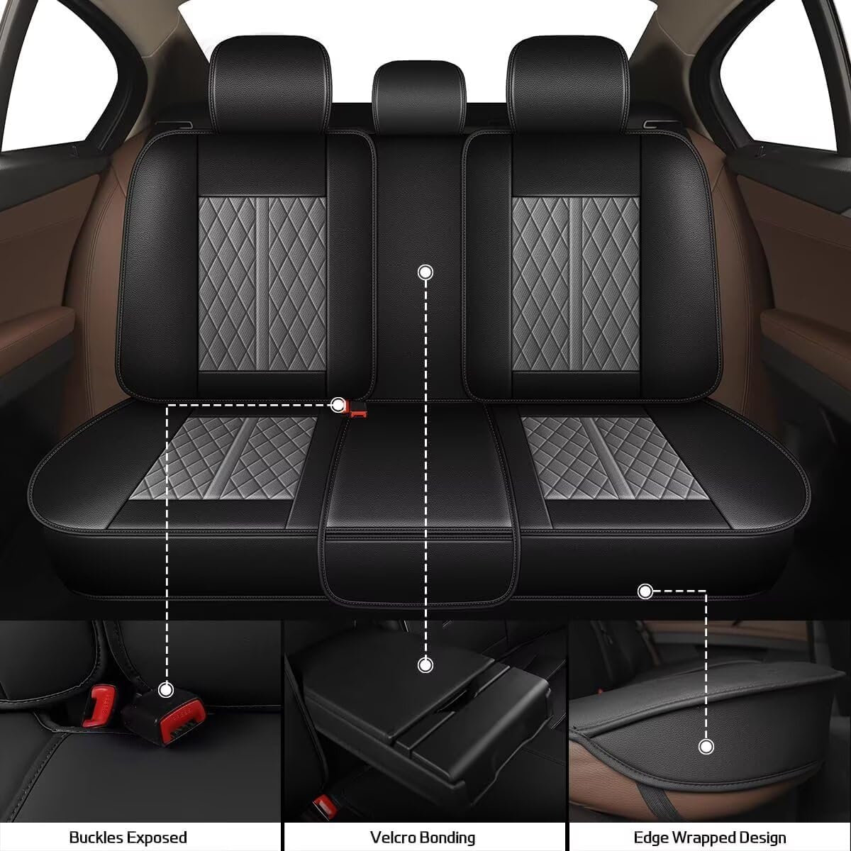 YORKNEIC Seat Covers Fit for Hyundai Veracruz 2007-2012: Waterproof Breathable Leather Car Seat Covers Cushion with Lumbar Support and Side Wings(5 Seats, Black&Grey)
