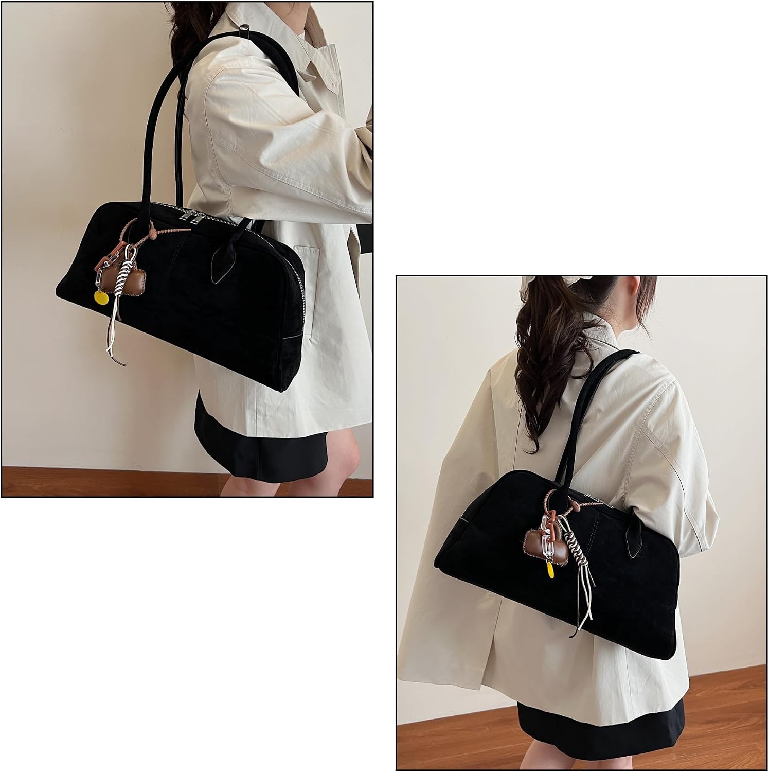 Women's Faux Suede Bowler Tote Bag, Fashion Vintage Shoulder Purse with Top Handle, Elegant Structured Satchel for Everyday Use (【Black】)
