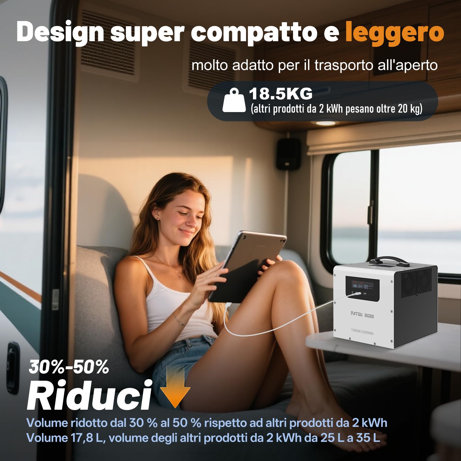 DATOUBOSS Centrale Elettrica Portatile 2009Wh, Batteria LiFePO4 1000W Potenza Nominale/1500W Picco, Generatore di Corrente Solare con UPS, Ricarica Rapida 1000W in 2,5h, Onda Pura per Campeggio Camper