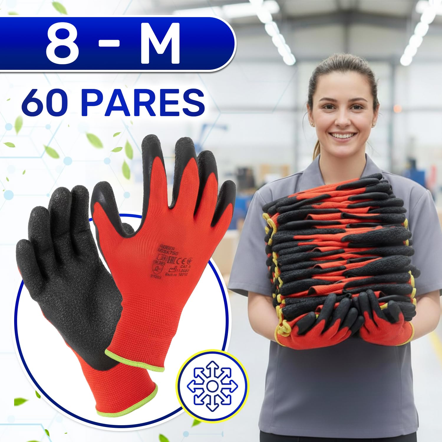 MONTERAL 60 Pares Guantes de Trabajo Talla 8 M Protección Cat II Recubiertos de Látex Anti-Slip - Guantes Trabajo Hombre y Mujer Pueden Usarse para Obra Taller Mecanico Jardineria Montaje