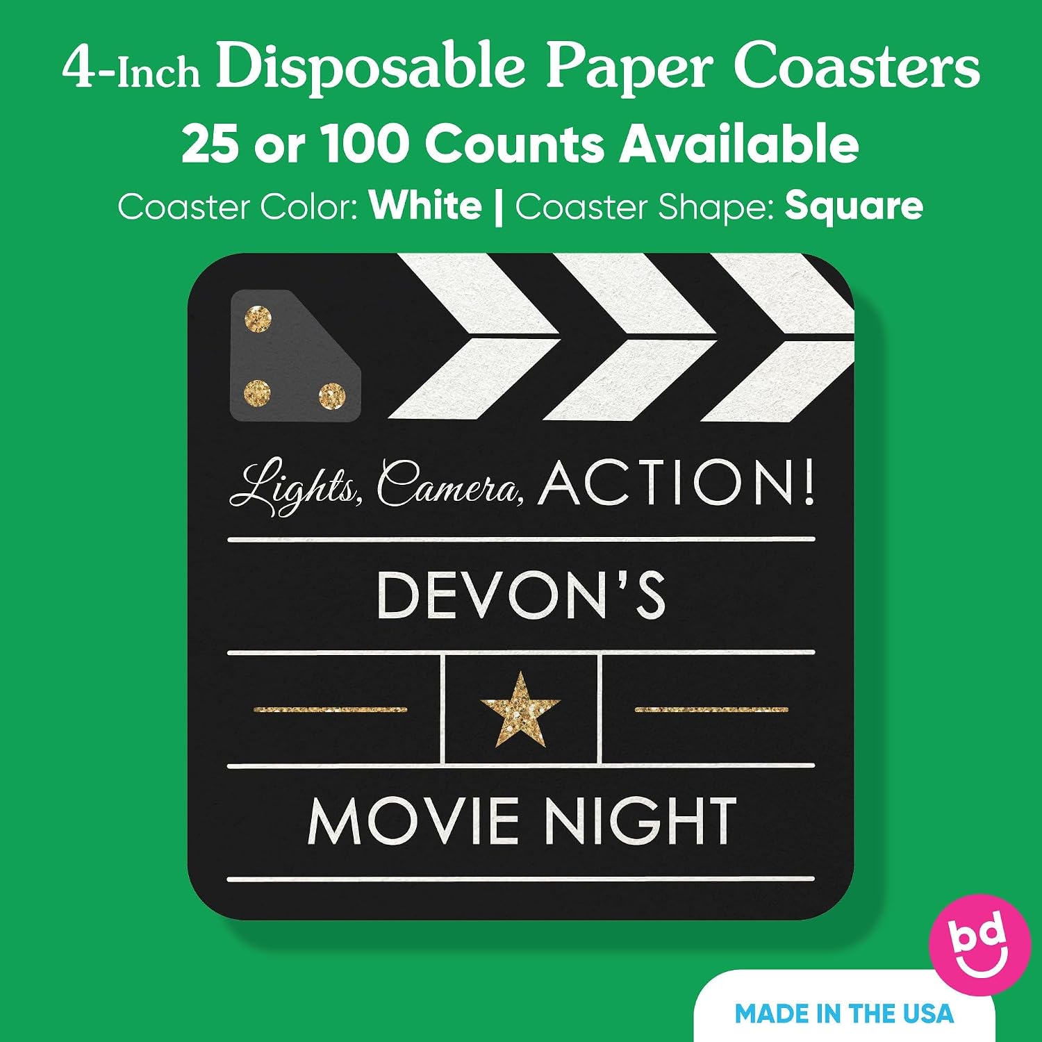 Big Dot of Happiness Personalized Red Carpet Movie Night Drink Coasters, 4-Inch Disposable Square Paper Coasters for Birthday Party, Custom Funny Cocktail Table Decor for Bar Drinks - Set of 25