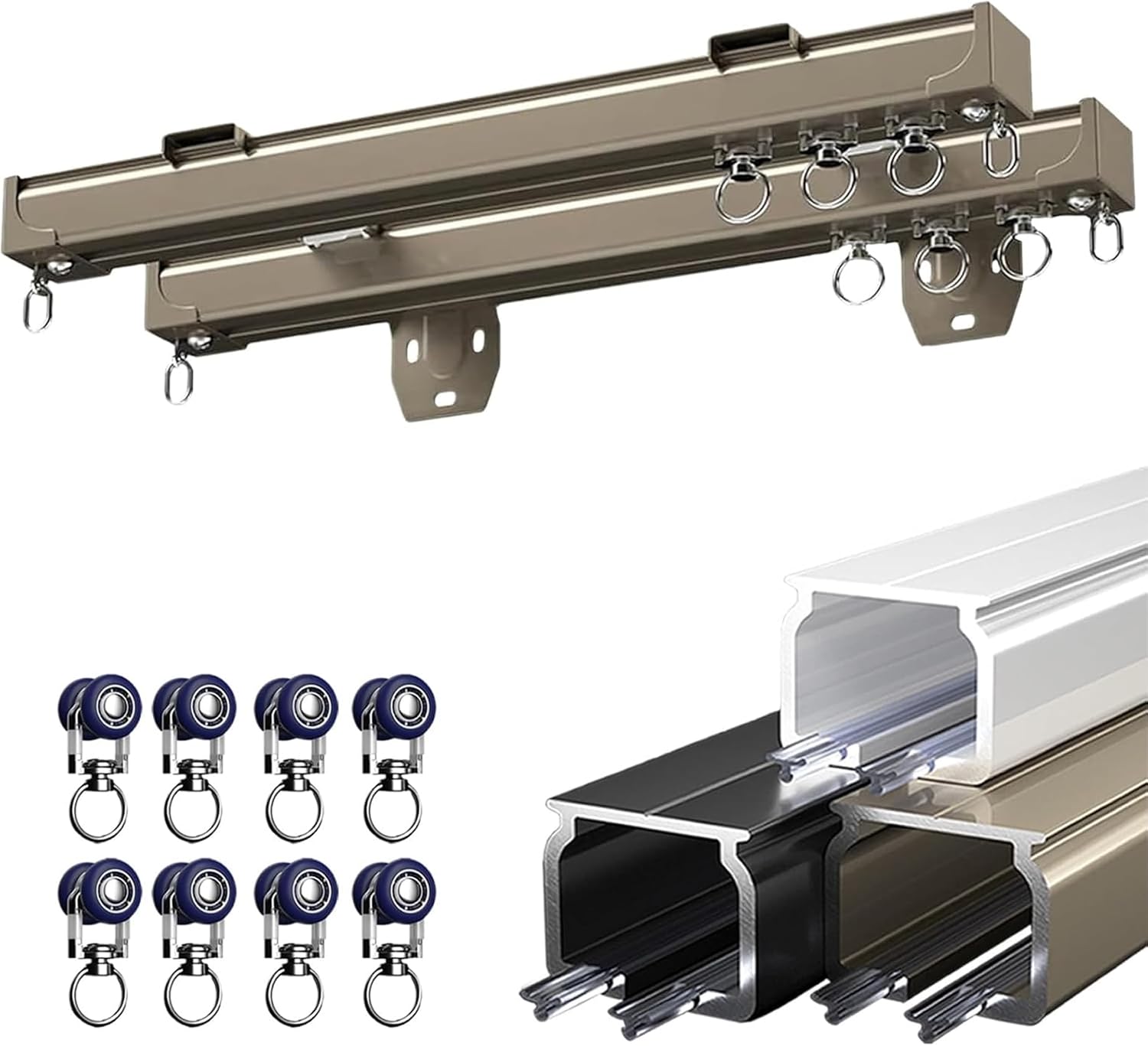Wall/Ceiling Mount Double Curtain Track Rod Set, Heavy-Duty Slilent Aluminum Curtains Tracks, Aluminum Curtain Rails System for Home & Office, with Roller, Bracket