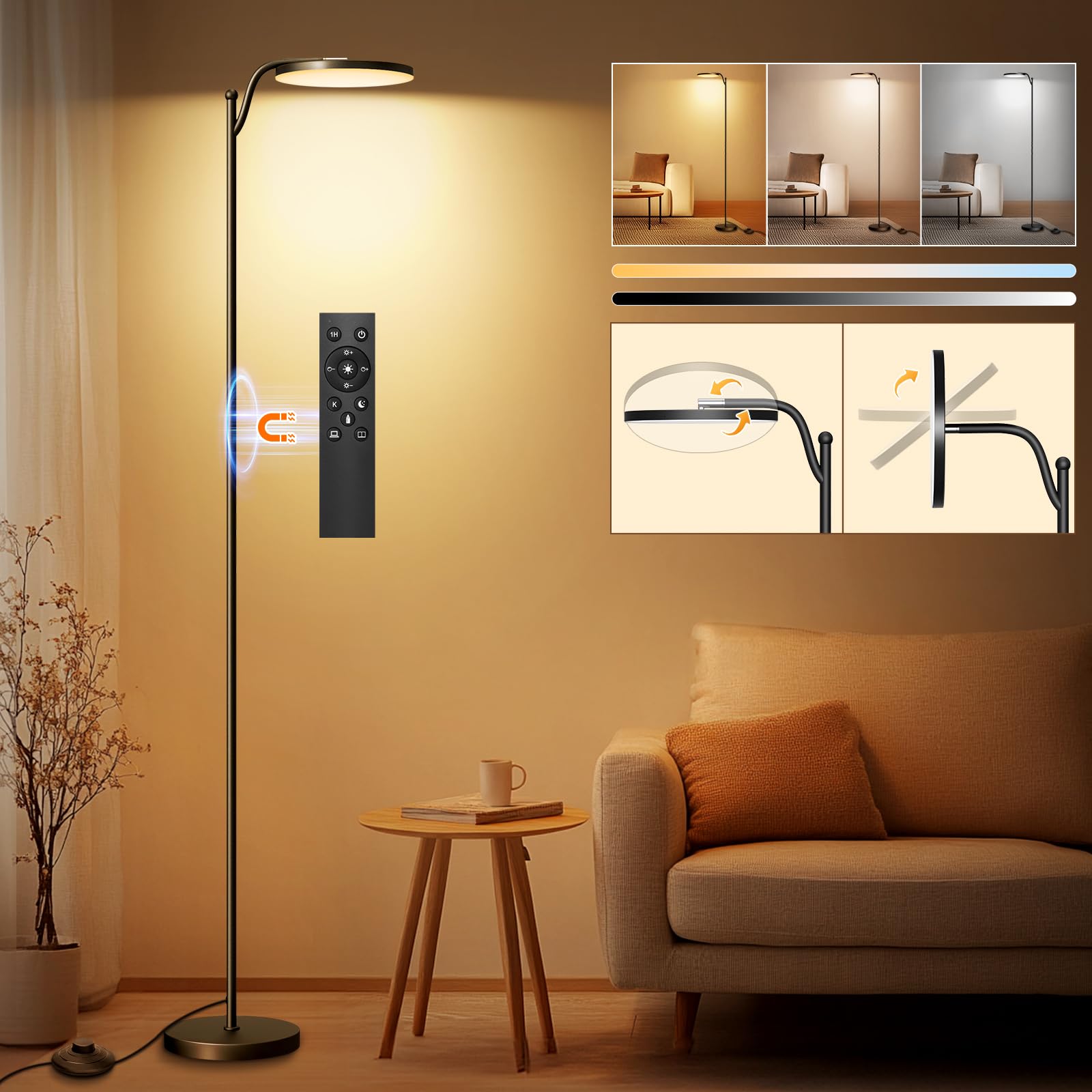 Lámpara de techo LED regulable de 32 W, 183 cm, 3000 lúmenes, lámpara de pie, regulable con función de memoria, 2700 K-6500 K, lámpara de pie negra, lámpara de pie LED, temporizador 1H con