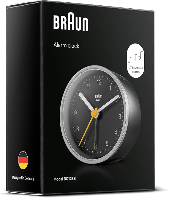 Braun klasik analog çalar saat, erteleme fonksiyonlu ve ışıklı, sessiz kuvars saat mekanizması, siyah ve gümüş renkte Crescendo alarmı, BC12SB modeli