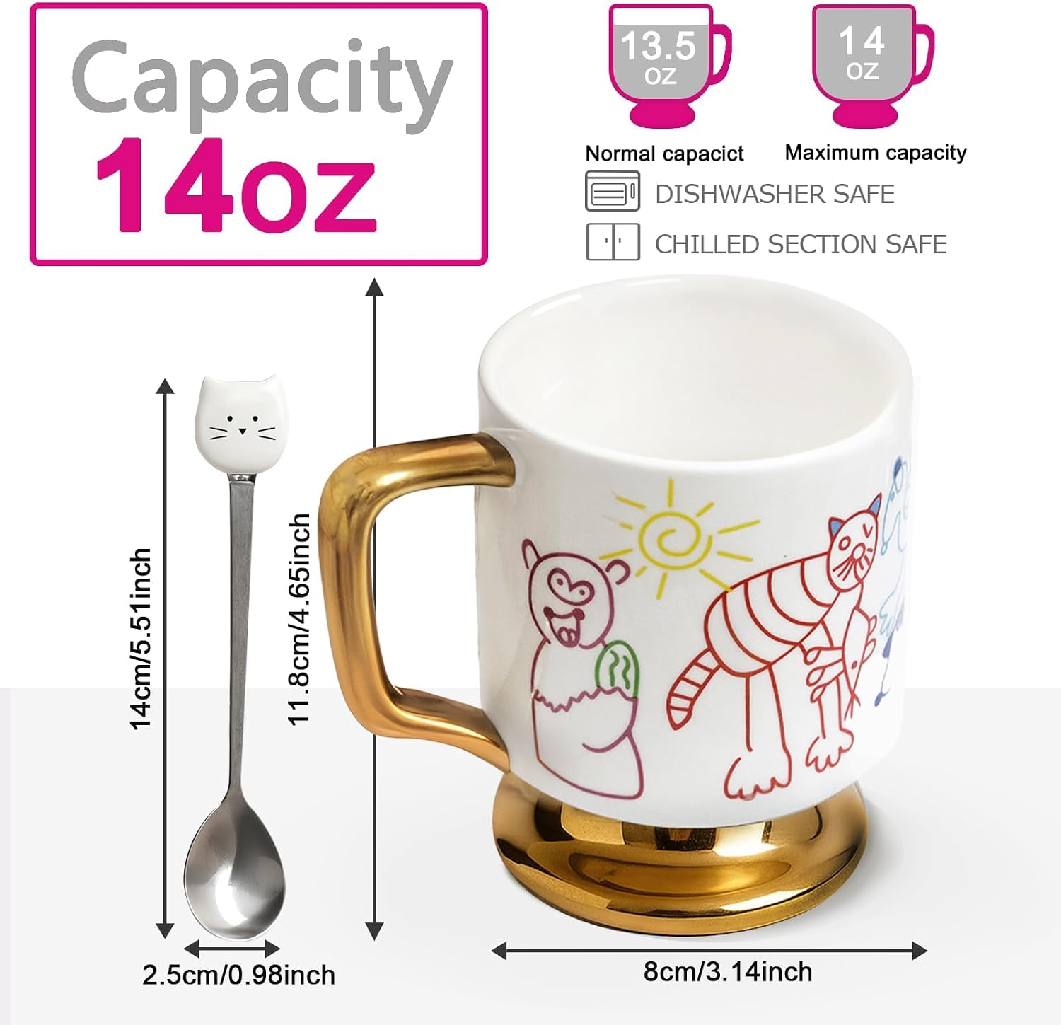 Christmas Mugs Whimsical Animal Ceramic fun Coffee Mug – 14oz Childlike Hand-Drawn Cat, Dog & Bear Design – Cute gothic Coffee Cup Gift for Women, Girls, Kids (white) image 2